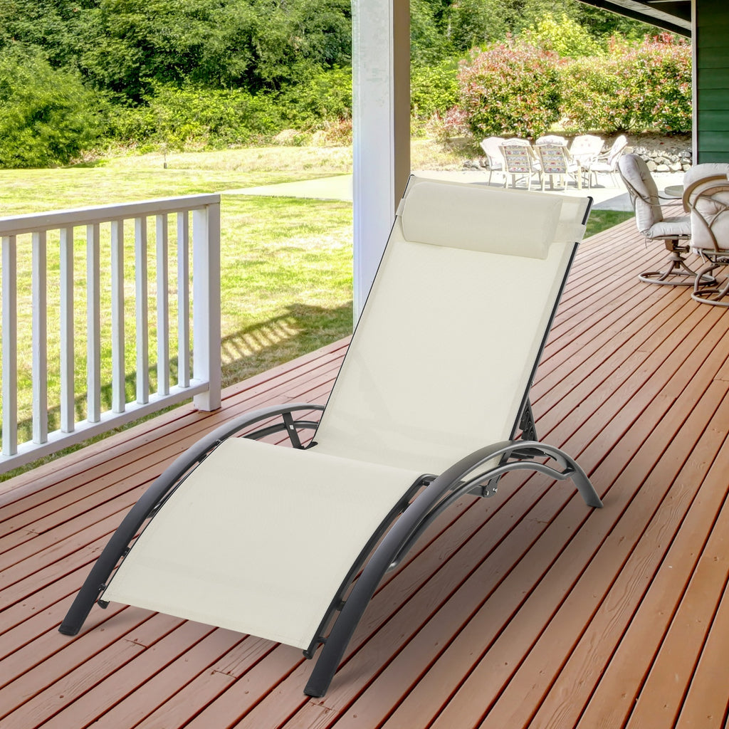 Patio Lounge Chair, Aluminum Reclining Outdoor Tanning Chair with 5-Level Adjustable Backrest, Head Pillow and Breathable Mesh Fabric, for Pool, Deck, Garden, Beige