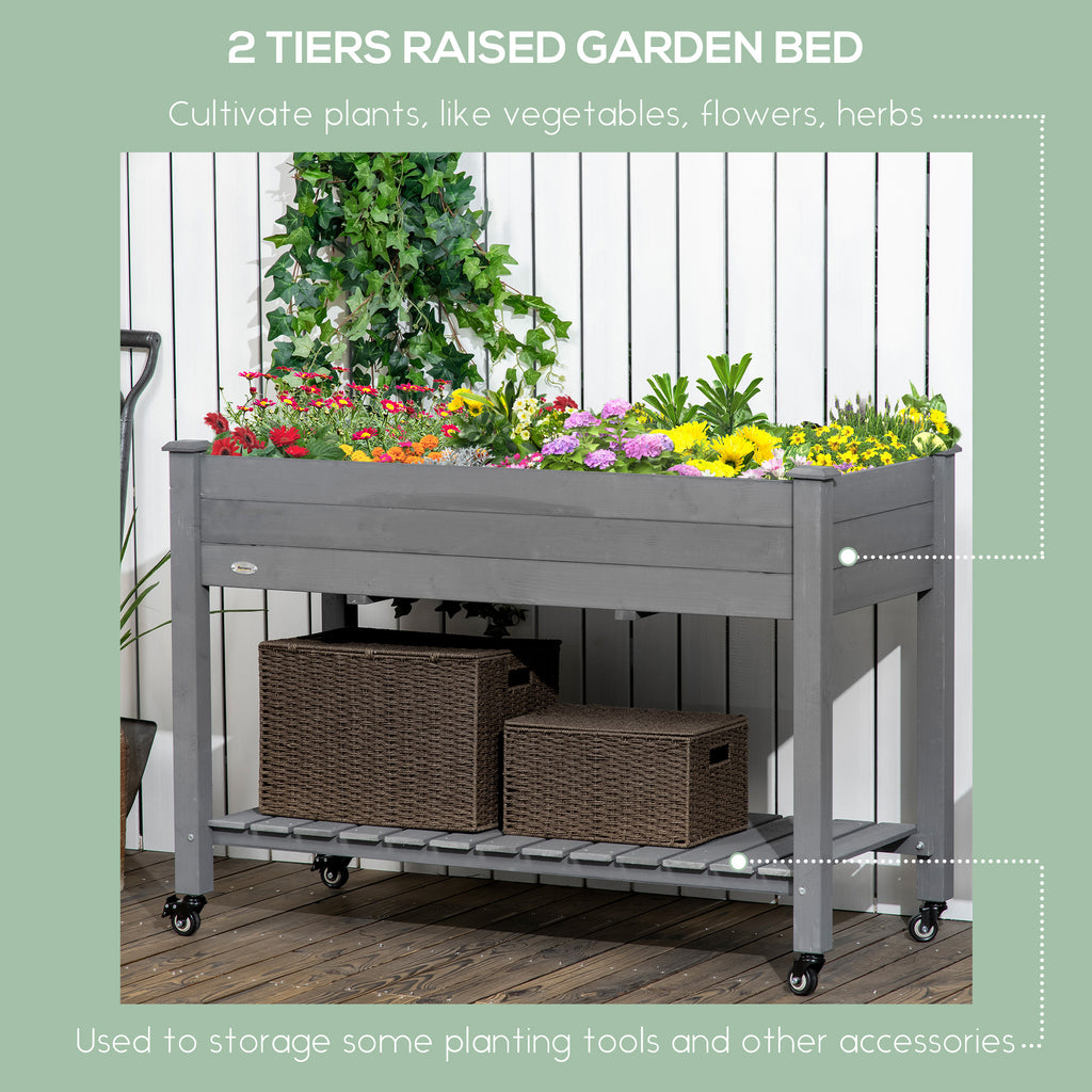 Mobile Raised Garden Bed Elevated Wood Planter Box with Lockable Wheels, Storage Shelf for Herbs Vegetables, Dark Grey