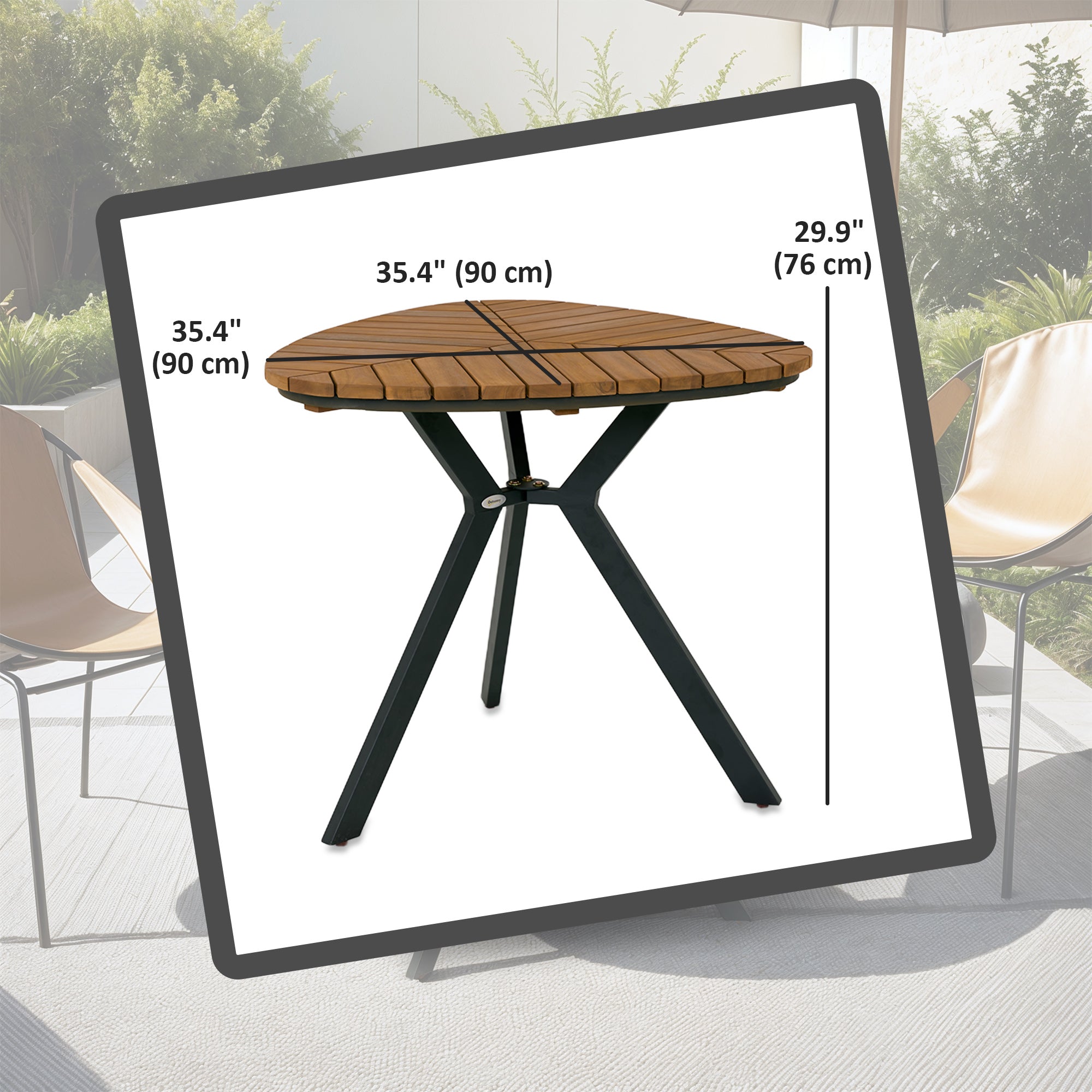 35.4" Outdoor Dining Table with Slatted Acacia Wood Leaf Tabletop, Patio Table with Steel Legs for Garden, Yard, Teak