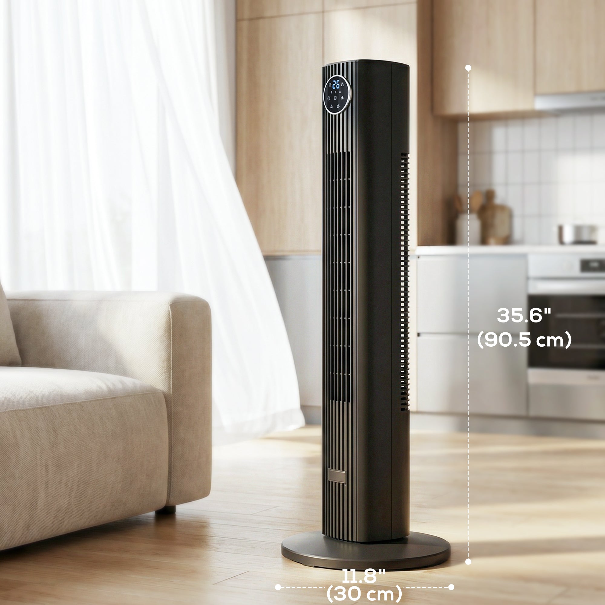 28dB Tower Fan with 12 Speeds and 4 Modes, Standing Floor Fan with 80Â° Oscillating, 12H Timer, Black