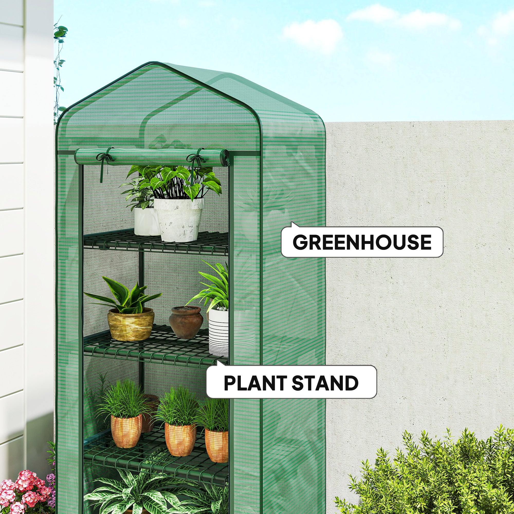 Portable Greenhouse, Outdoor Hot House Plant Flower Greenhouse with 4 Tier Shelves, PE Cover, Green