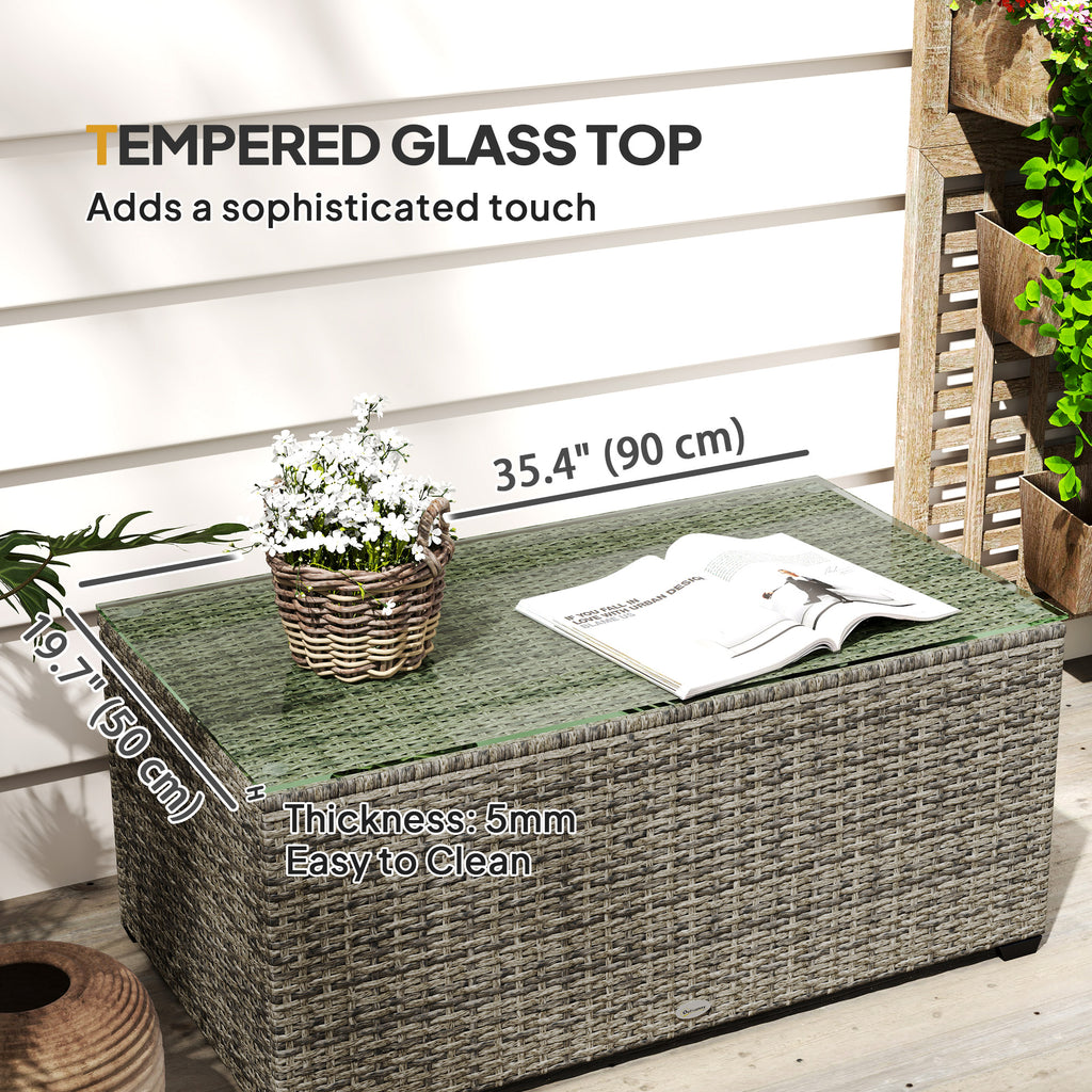 Wicker Outdoor Coffee Table, PE Wicker Rectangular Patio Table with Tempered Glass Top for Garden, Balcony, Dark Grey