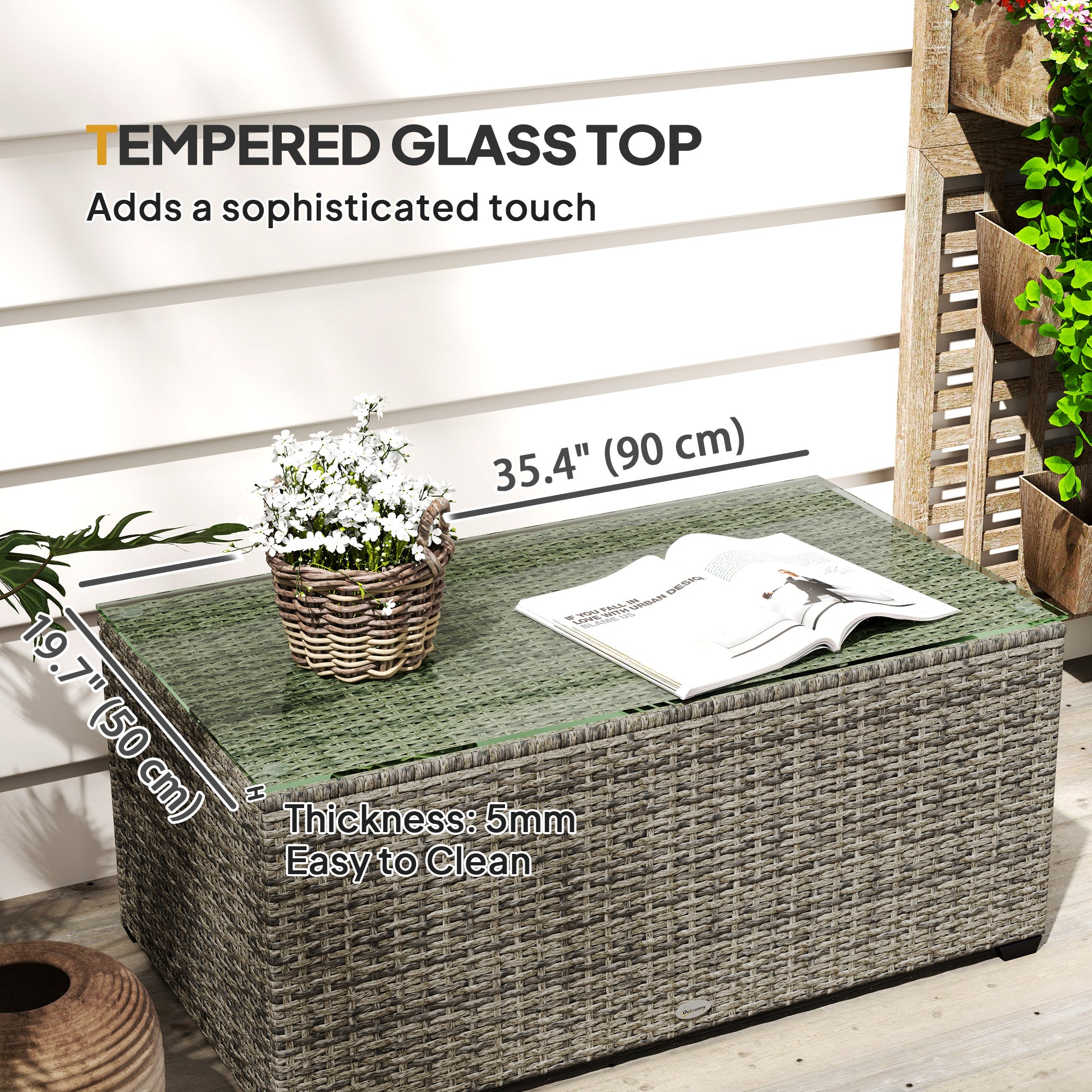 Wicker Outdoor Coffee Table, PE Wicker Rectangular Patio Table with Tempered Glass Top for Garden, Balcony, Dark Grey