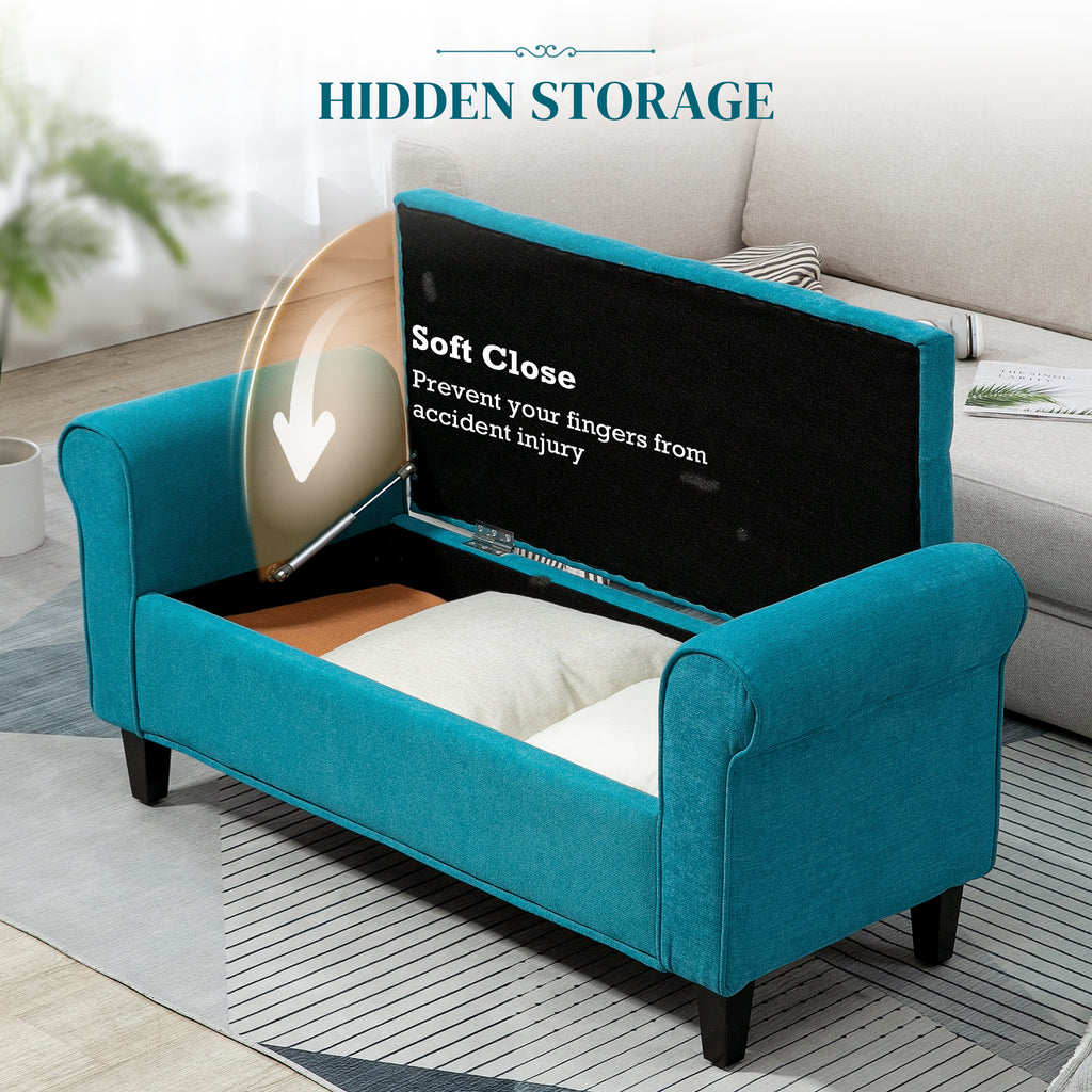 50 Inches Storage Ottoman, Upholstered Bedroom Bench with Rolled Arms and Button Tufted Storage, Teal