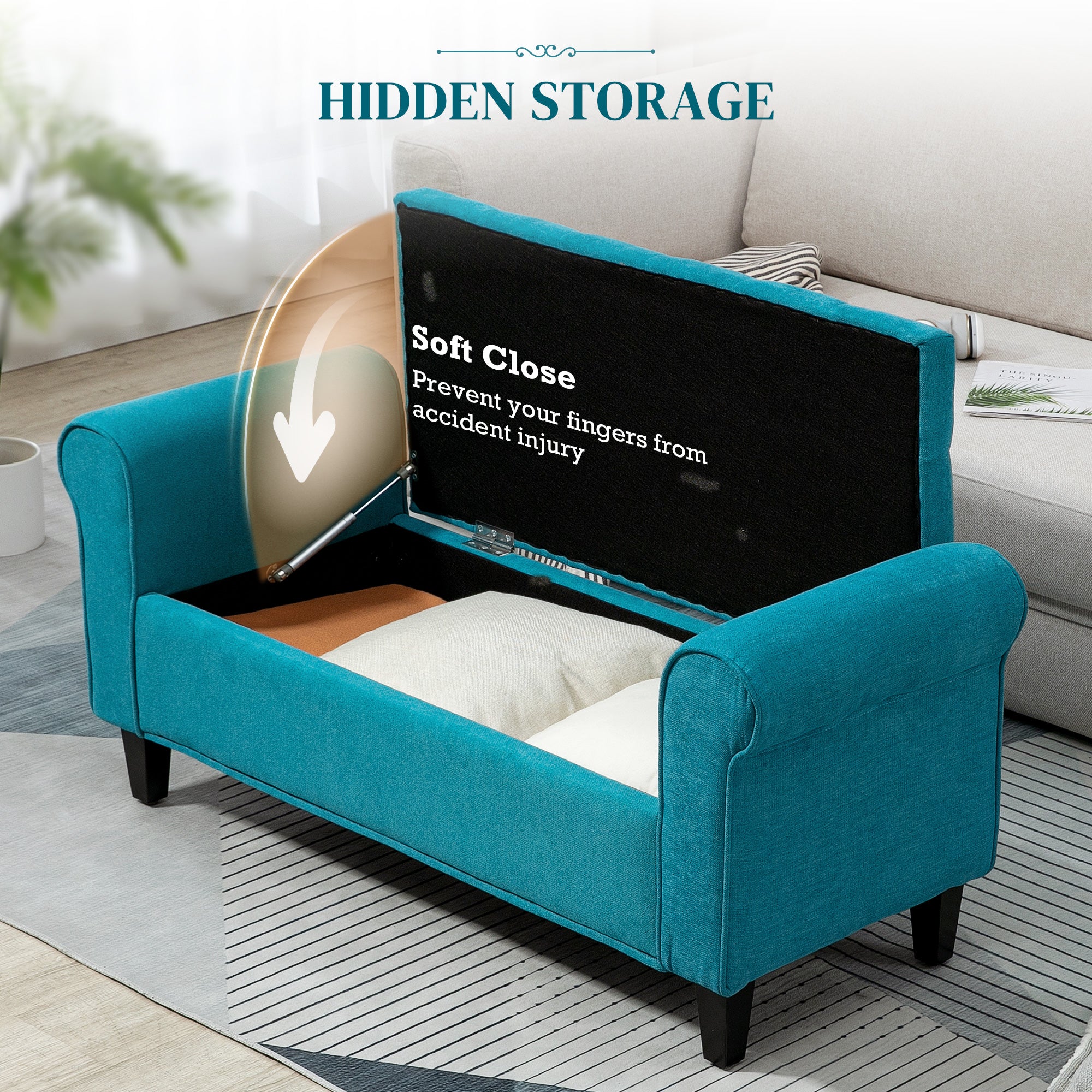 50 Inches Storage Ottoman, Upholstered Bedroom Bench with Rolled Arms and Button Tufted Storage, Teal