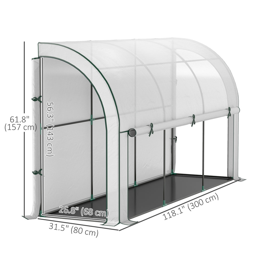 Walk-in Lean-to Greenhouse, Outdoor Gardening Green House with Zipper Roll-up Doors and Window, 10' x 3' x 5', White