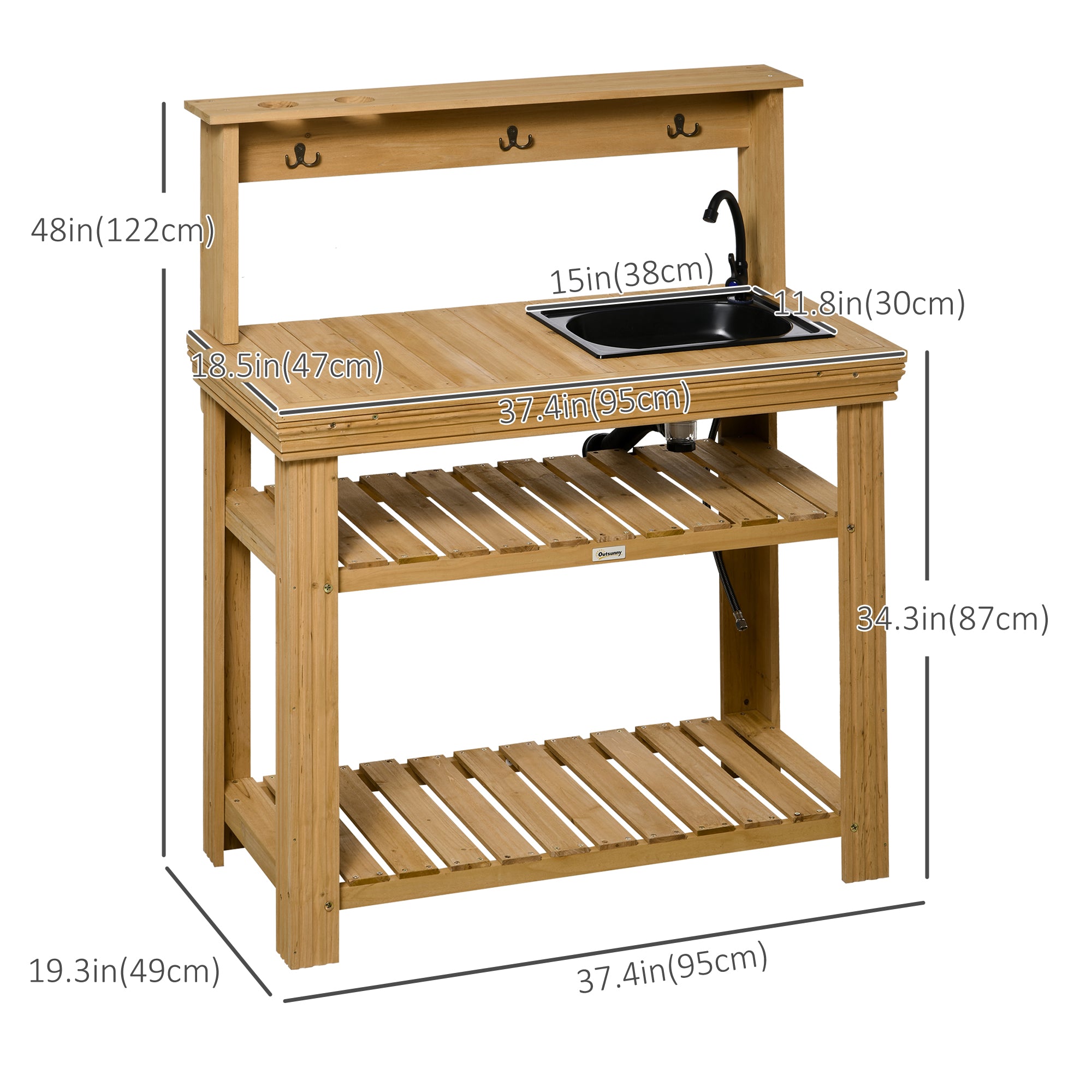 Outdoor Potting Bench Table with Faucet, Removable Sink, Hooks and Storage Shelves, Wood Work Bench Workstation for Greenhouse, Garden, Patio, Yellow