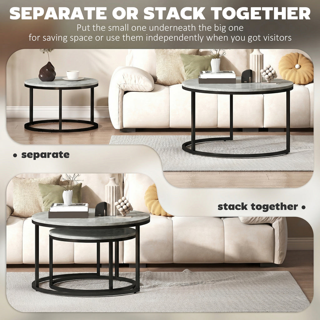 Modern Coffee Table Set of 2, Nesting Side Tables w/ Metal Base for Living Room Bedroom Office Marble Grey