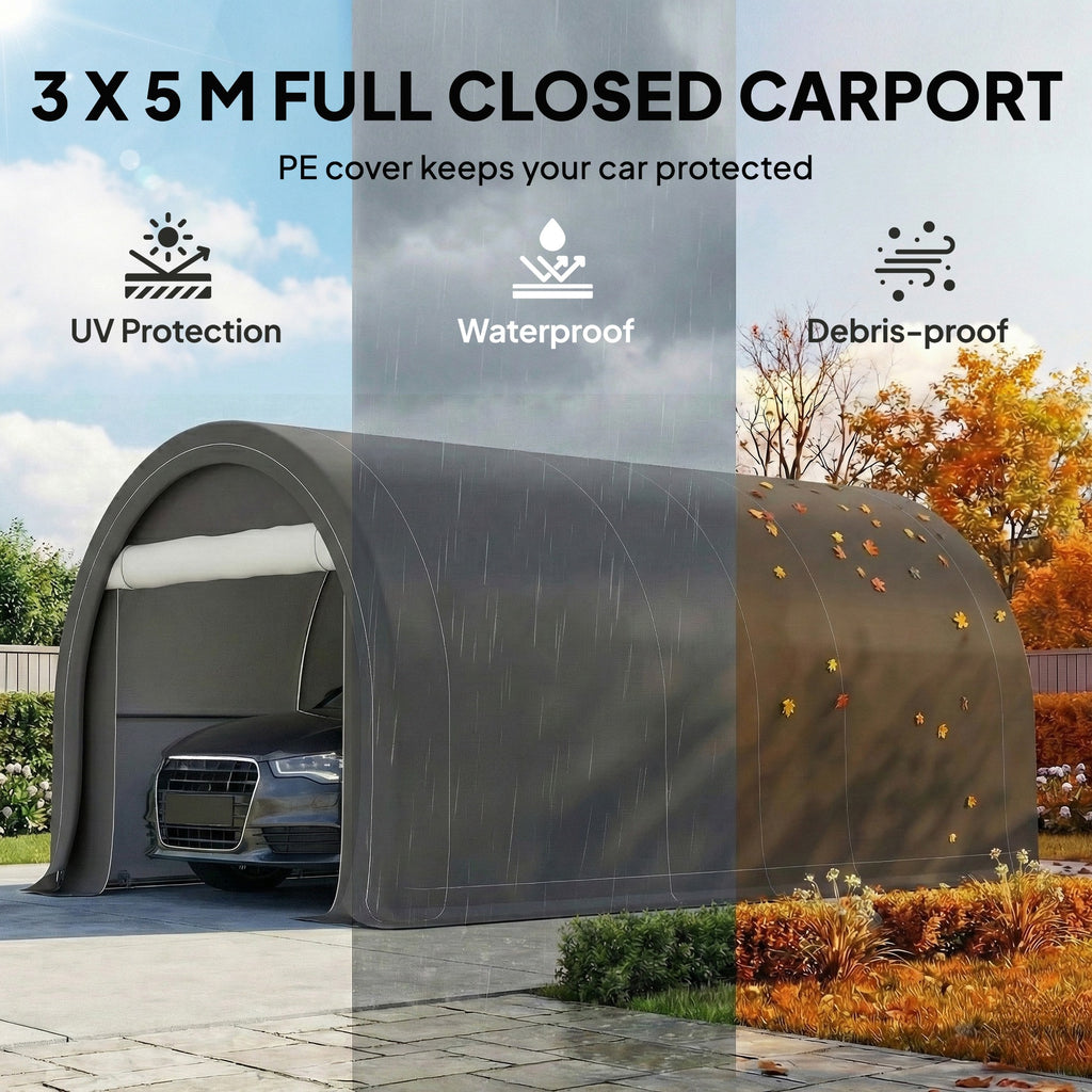10' x 16' Heavy Duty Portable Carport Tent with Zippered Door, PE Cover for Car, Boat, Motorcycle, Bike, Grey