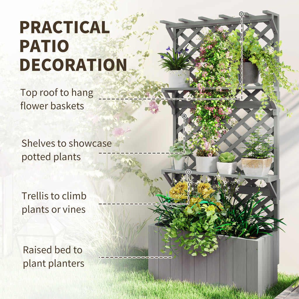 Raised Garden Bed, Wooden Planter with Trellis, Hanging Roof, Plant Shelf, Drainage Holes and Bed Liner, Grey