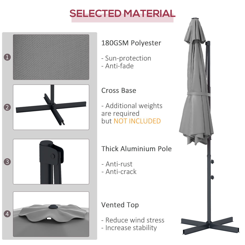 10 FT Cantilever Umbrella, Aluminum Hanging Offset Umbrella with 360Â°Rotation, Crank, Tilt, Cross Base, Grey