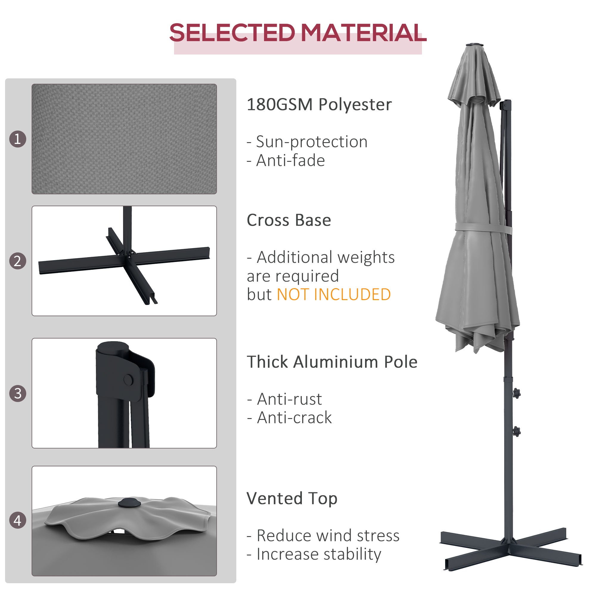 10 FT Cantilever Umbrella, Aluminum Hanging Offset Umbrella with 360Â°Rotation, Crank, Tilt, Cross Base, Grey