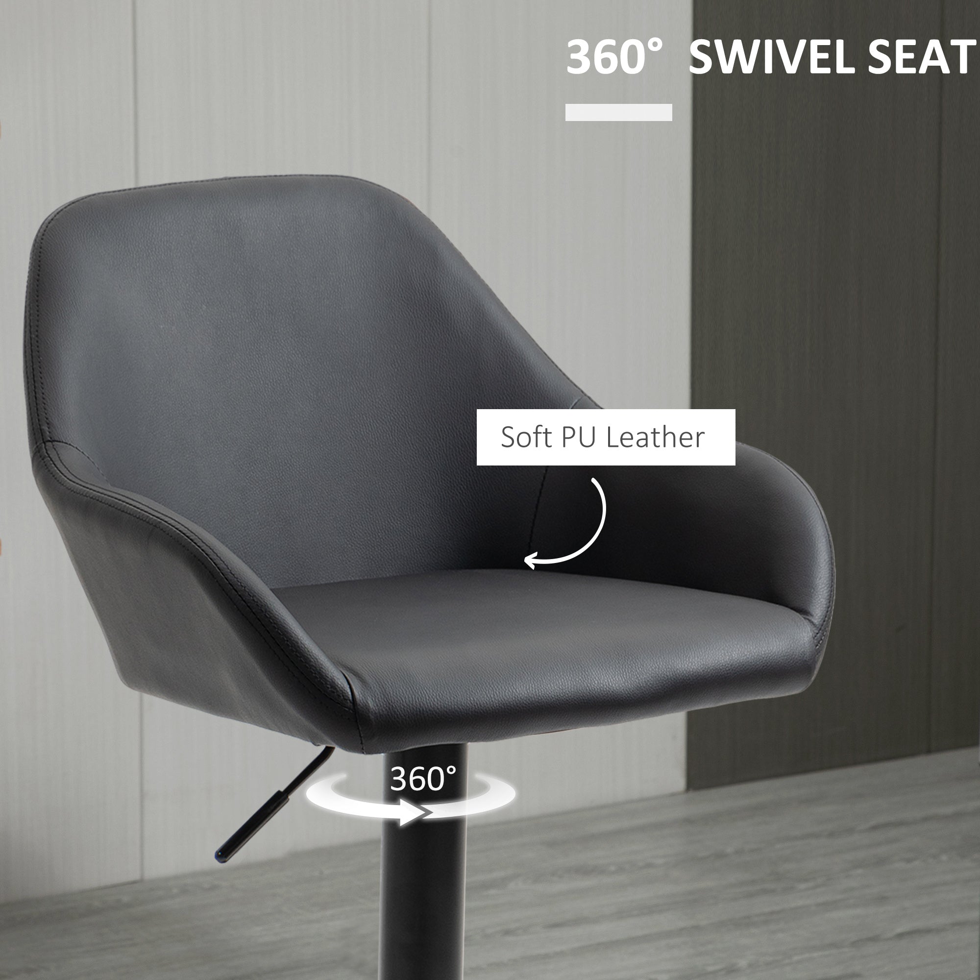 Adjustable Bar Stools Set of 2, Swivel Barstools with Footrest and Back, PU Leather and Steel Round Base, Black
