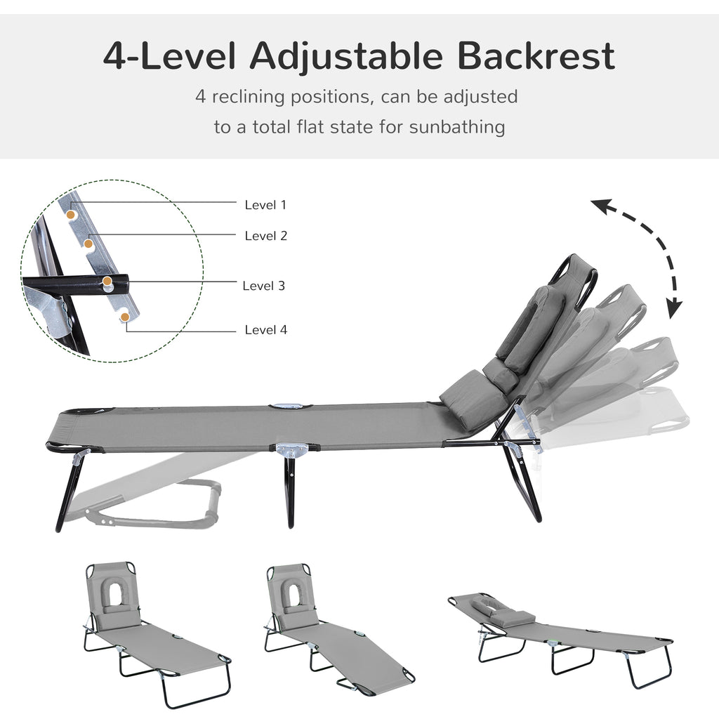 Adjustable Outdoor Lounge Chair, Garden Folding Chaise Lounge with Face Hole Reclining Tanning Chair Seat, Folding Camping Beach Lounging Bed w/ Support Pillow, Grey