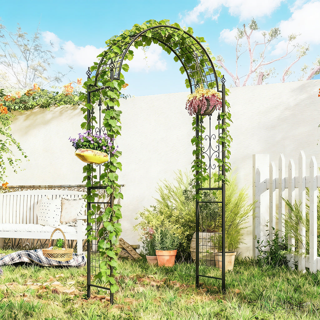 7.5 ft Steel Garden Arch, Outdoor Trellis Arbor with Scrollwork for Climbing Plants, Wedding Arch, Black
