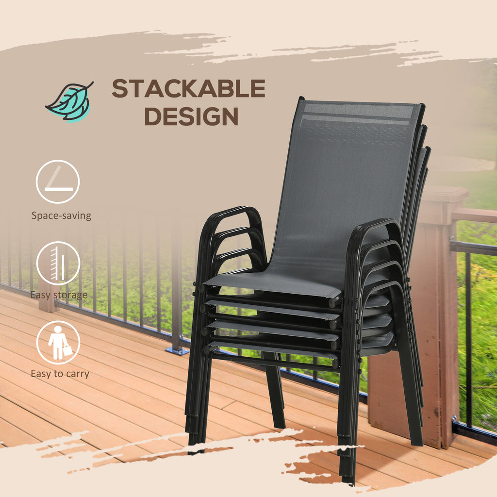 Set of 4 Outdoor Dining Chairs, Heavy Duty Stackable Patio Dining Set with Armrests for Balcony Garden, Dark Grey