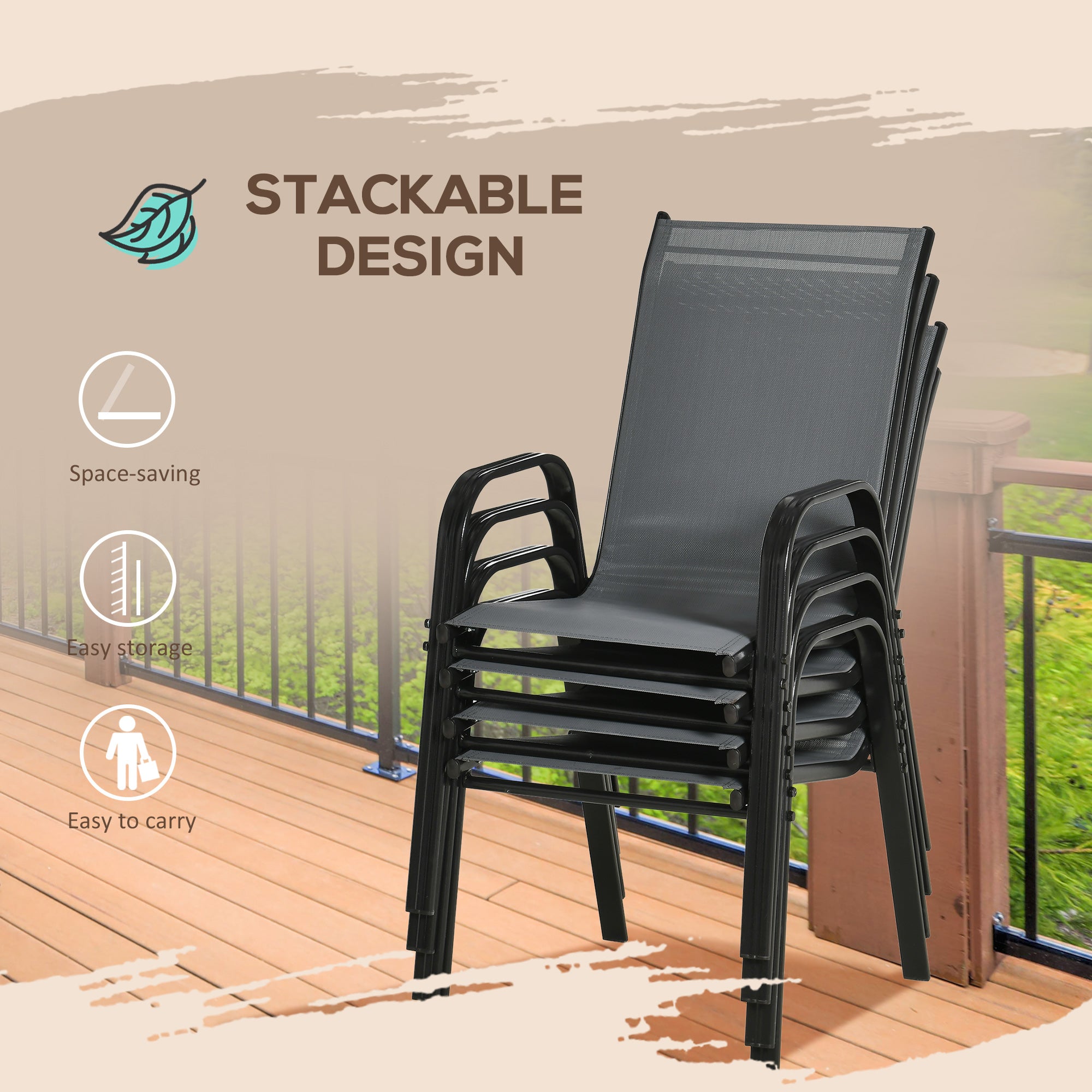 Set of 4 Outdoor Dining Chairs, Heavy Duty Stackable Patio Dining Set with Armrests for Balcony Garden, Dark Grey