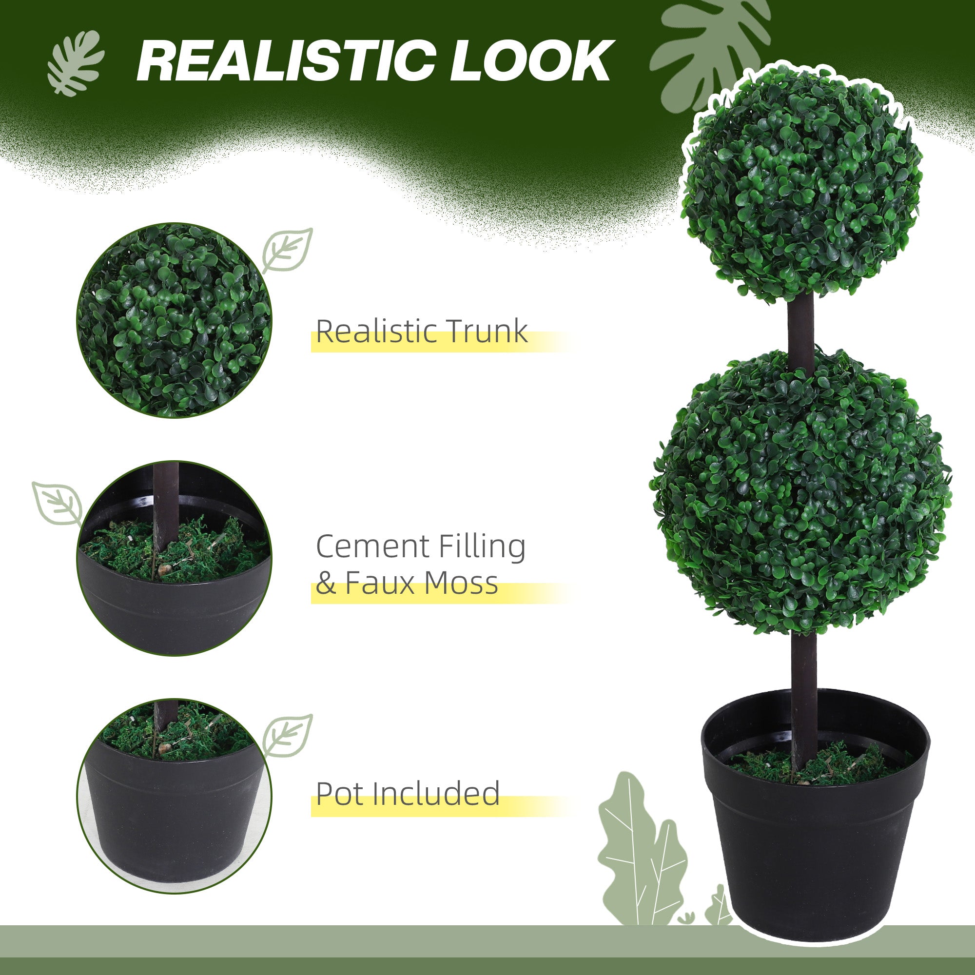 2 Ball Topiary Tree in Pot for Home Decor Set of 2, Artificial Plant for Home Office, Living Room Decor, Dark Green