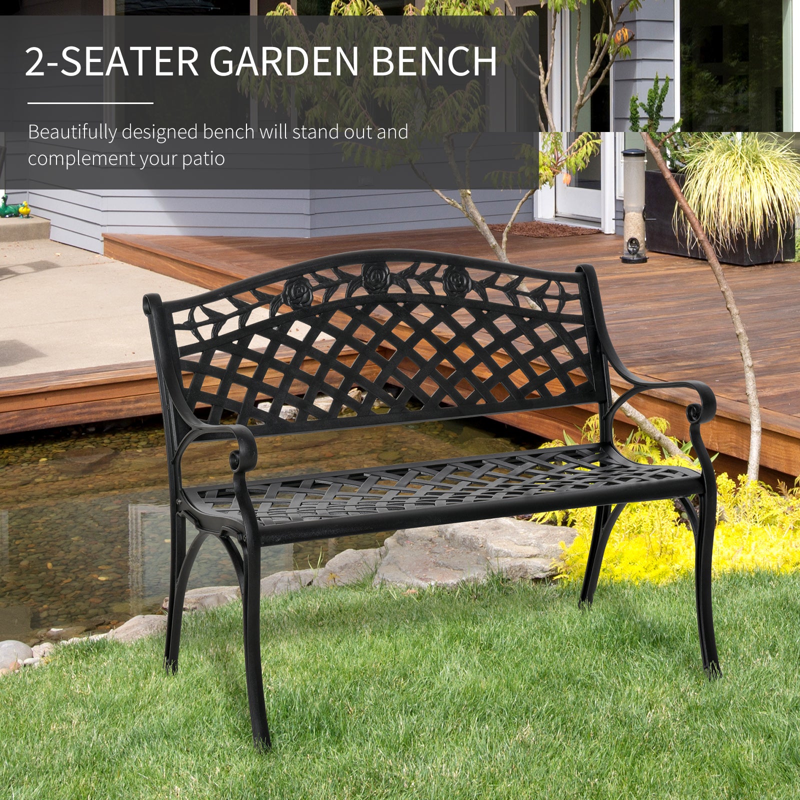 Outdoor Garden Bench, 40" Patio Bench with Aluminum Frame and Armrests, 2-Person Patio Loveseat with Floral Pattern for Park, Porch, Yard, Lawn, 485 LBS Capacity