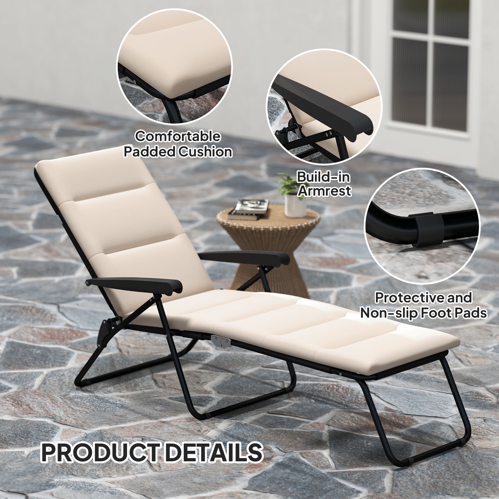 Foldable Lounge Chair, Reclining Patio Sun Lounger with 6-Position Adjustable Back, Beige