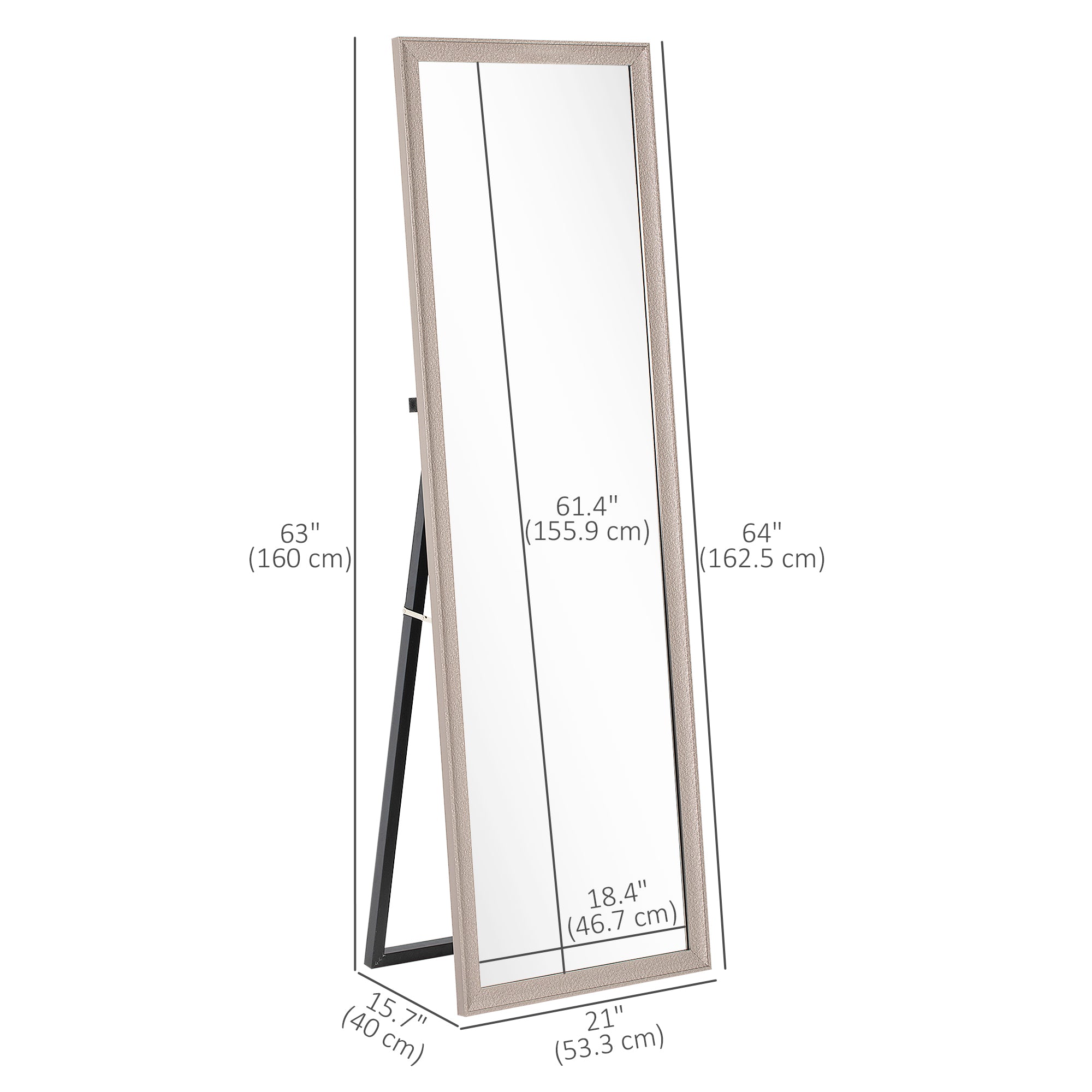 64" x 21" Rectangular Full Length Mirror with Frame, Free Standing, Wall Mounted or Leaning, Gunmetal Silver