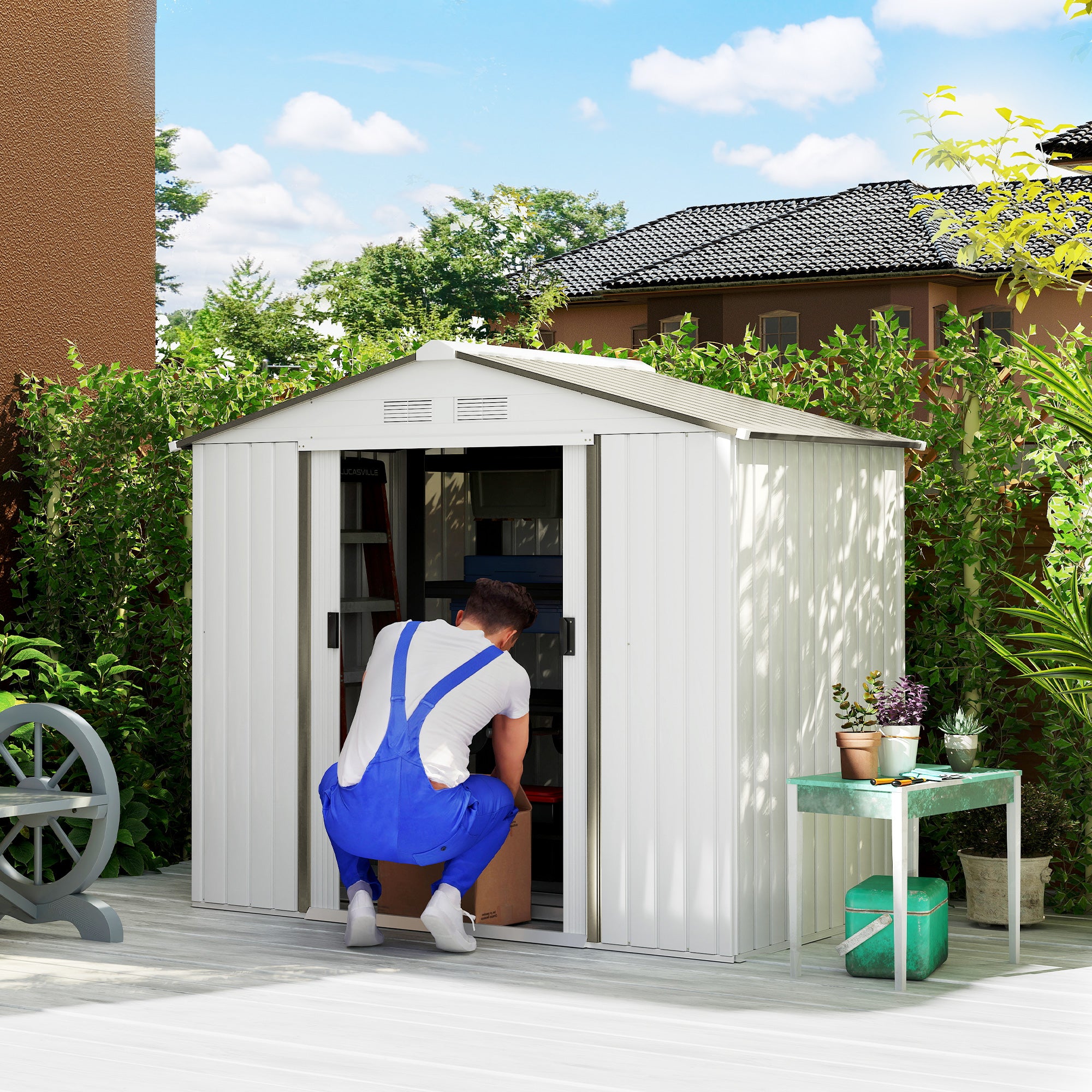 7'x 4'x 6' Garden Tool Shed Metal Storage Shed w/ Foundation Kit and Double Doors Silver