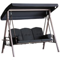 Outdoor Patio 3-Person Steel Canopy Cushioned Seat Bench Swing with Included Side Trays & Padded Comfort, Black