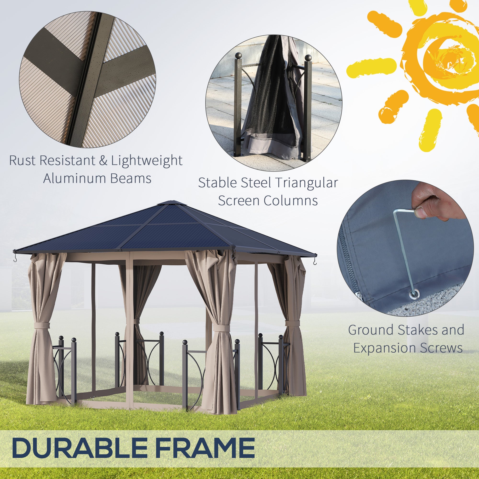 10' x 10' Hardtop Gazebo with PC Board Roof and Aluminum Frame, Patio Gazebo with Curtains and Netting for Party Wedding Marquee Tent, Black