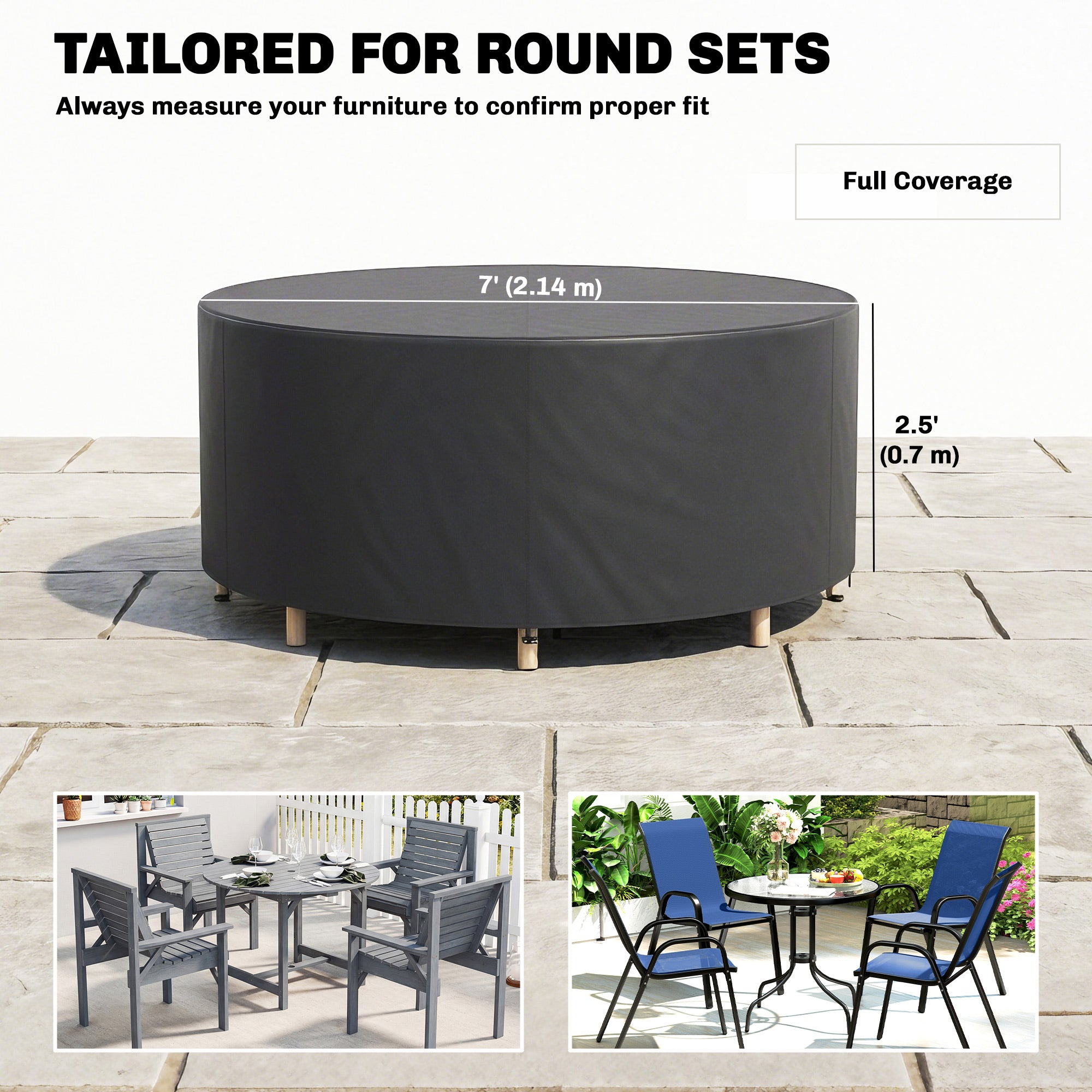 Heavy Duty Outdoor Patio Furniture Cover, Waterproof Round Table Cover for Weather Protection 84.3" Dia. x 27.6"H, Black