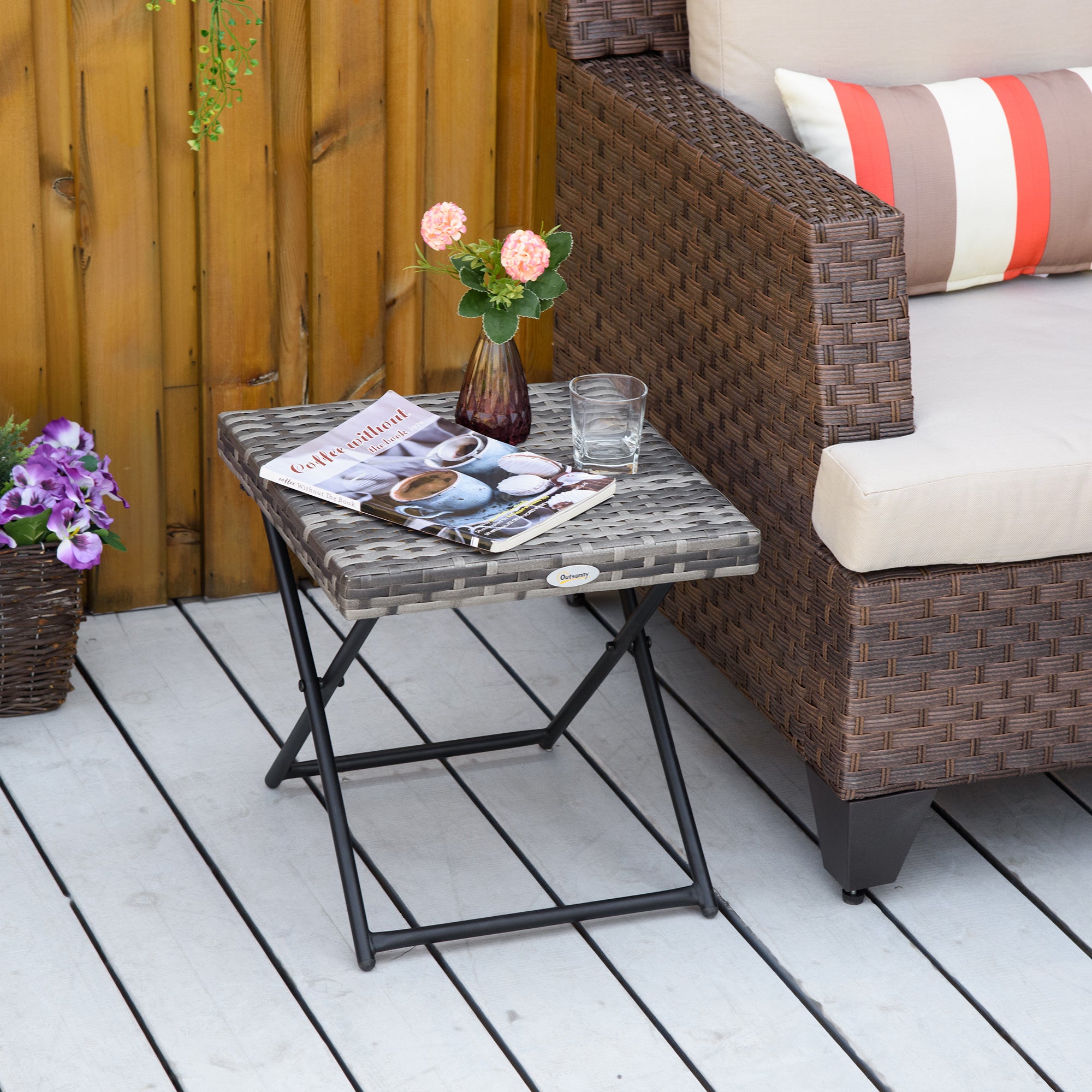 Rattan Coffee Table Folding Patio Outdoor Side Table Wicker for Balcony, Porch, Poolside, 15.75"x15.75"x15.75", Grey