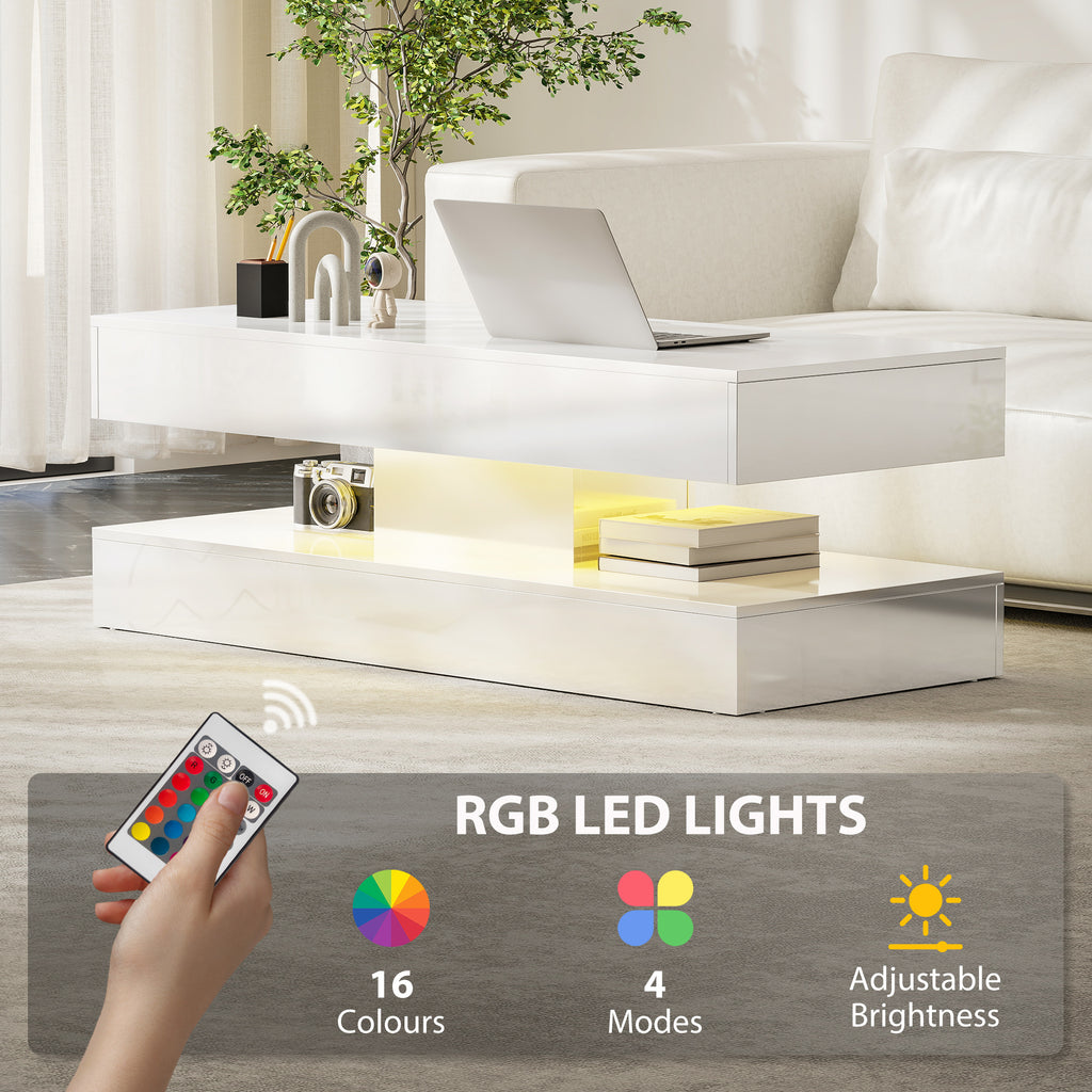 Coffee Table with Adjustable LED Lights, Modern Living Room Table with 2 Drawers, Open Shelf, Remote, High Gloss White