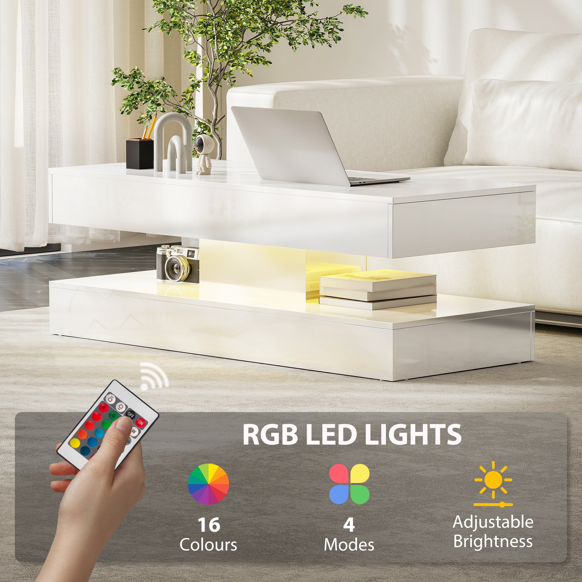 Coffee Table with Adjustable LED Lights, Modern Living Room Table with 2 Drawers, Open Shelf, Remote, High Gloss White