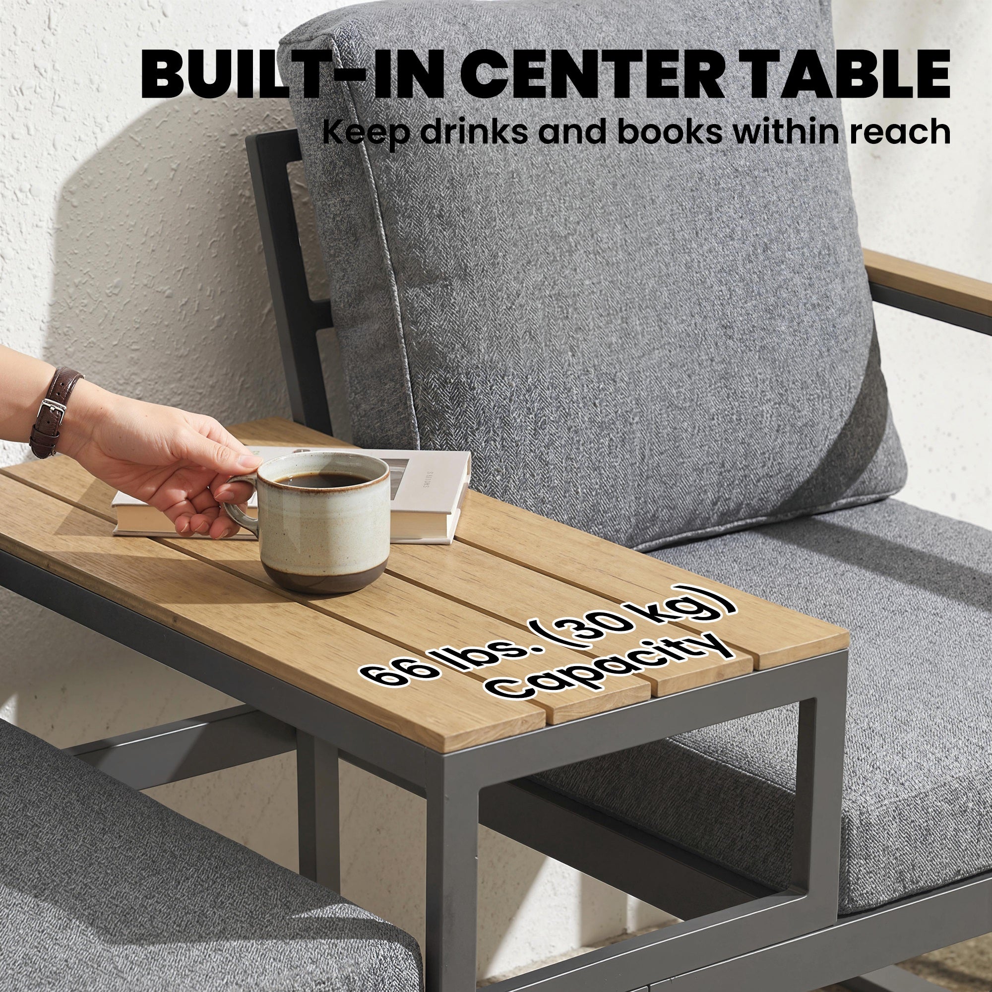 Outdoor Garden Bench with Integrated Table, 2 Seater Patio Loveseat with Thick Cushions, 136 cm Grey