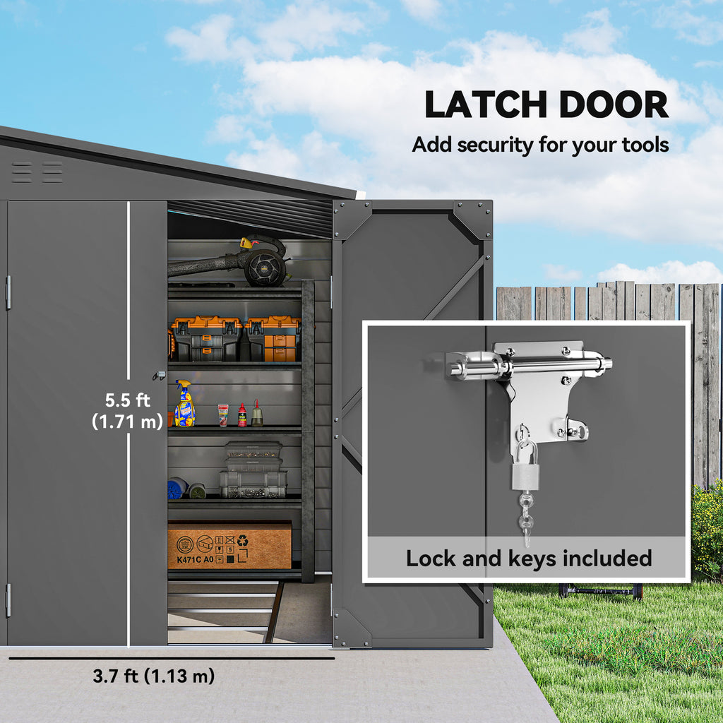 4.6' x 9' Steel Outdoor Storage Shed, Lean to Shed, Metal Tool House with Foundation Kit, Lockable Doors, Gloves and 2 Air Vents for Backyard, Patio, Lawn, Dark Grey