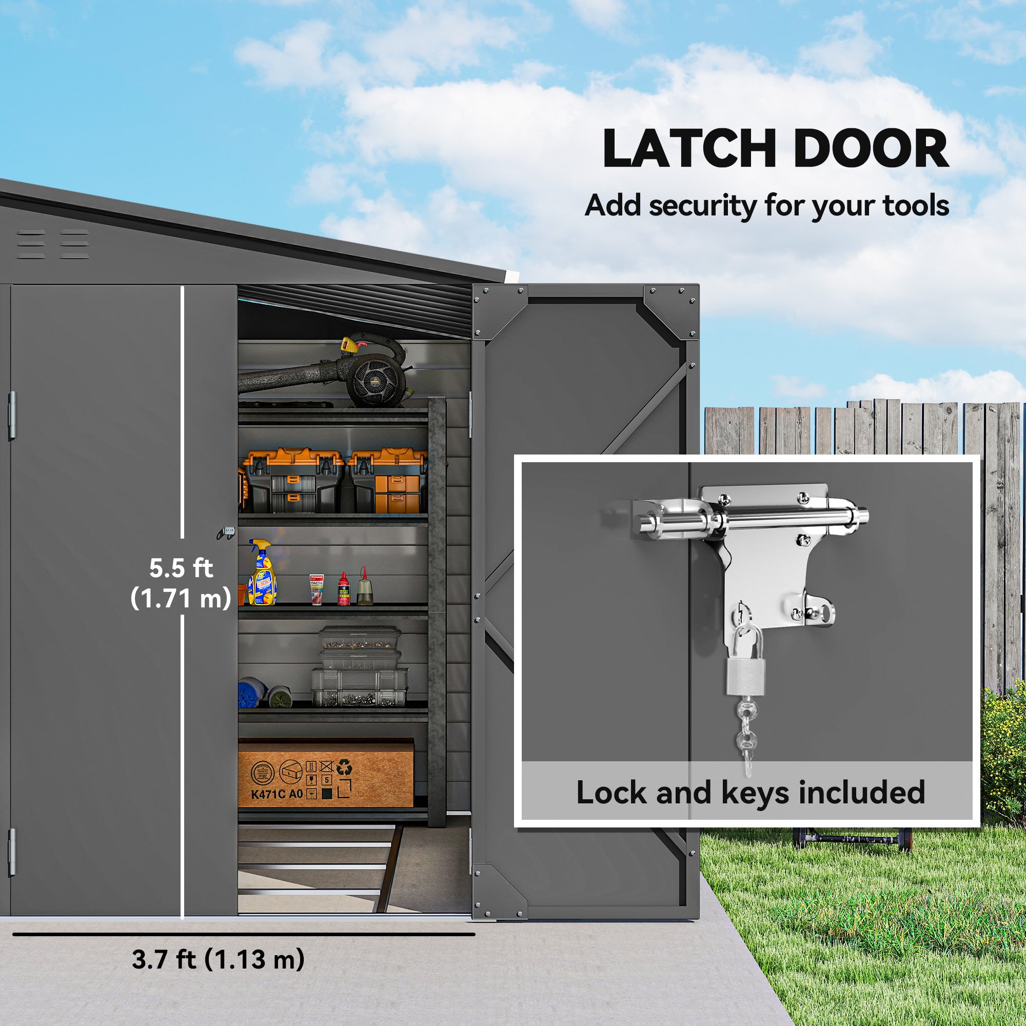 4.6' x 9' Steel Outdoor Storage Shed, Lean to Shed, Metal Tool House with Foundation Kit, Lockable Doors, Gloves and 2 Air Vents for Backyard, Patio, Lawn, Dark Grey