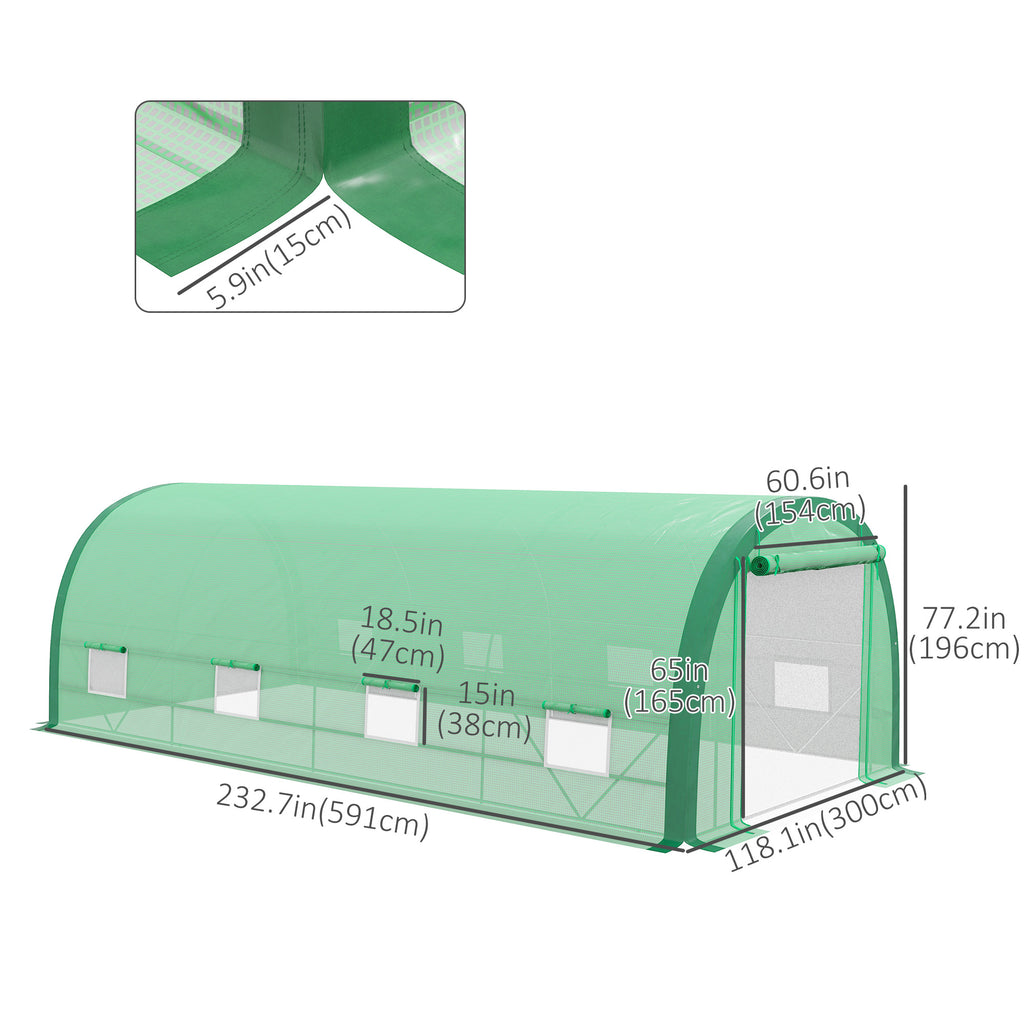 19.5' x 10' x 6.5' Upgraded Tunnel Greenhouse Green House with Mesh Door and Windows, 15 Plant Labels and Gloves, Green