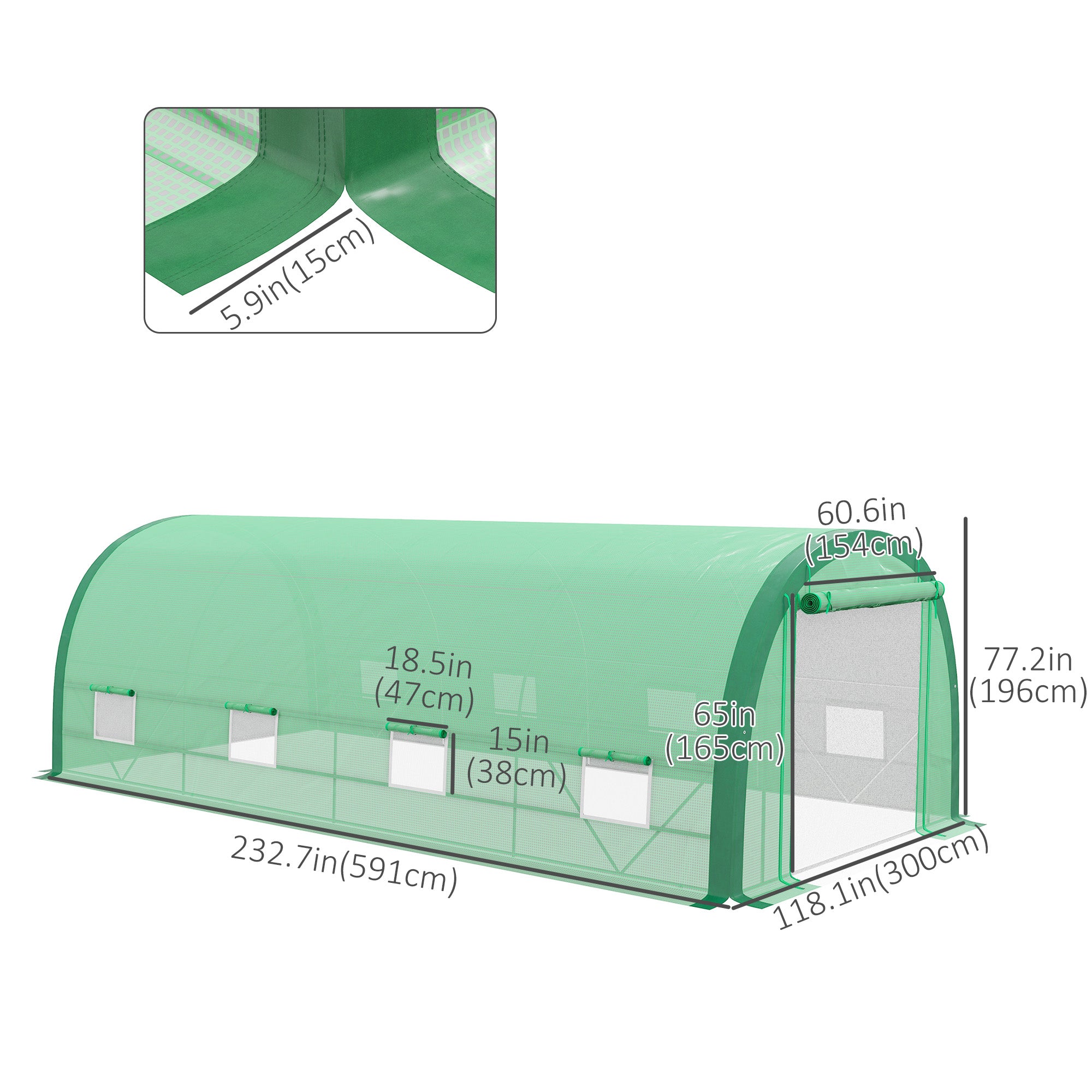 19.5' x 10' x 6.5' Upgraded Tunnel Greenhouse Green House with Mesh Door and Windows, 15 Plant Labels and Gloves, Green
