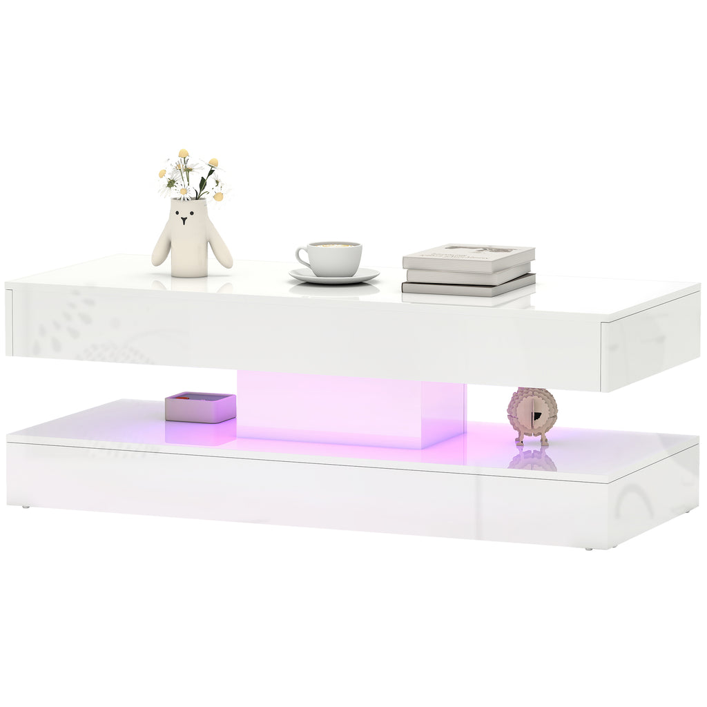Coffee Table with Adjustable LED Lights, Modern Living Room Table with 2 Drawers, Open Shelf, Remote, High Gloss White