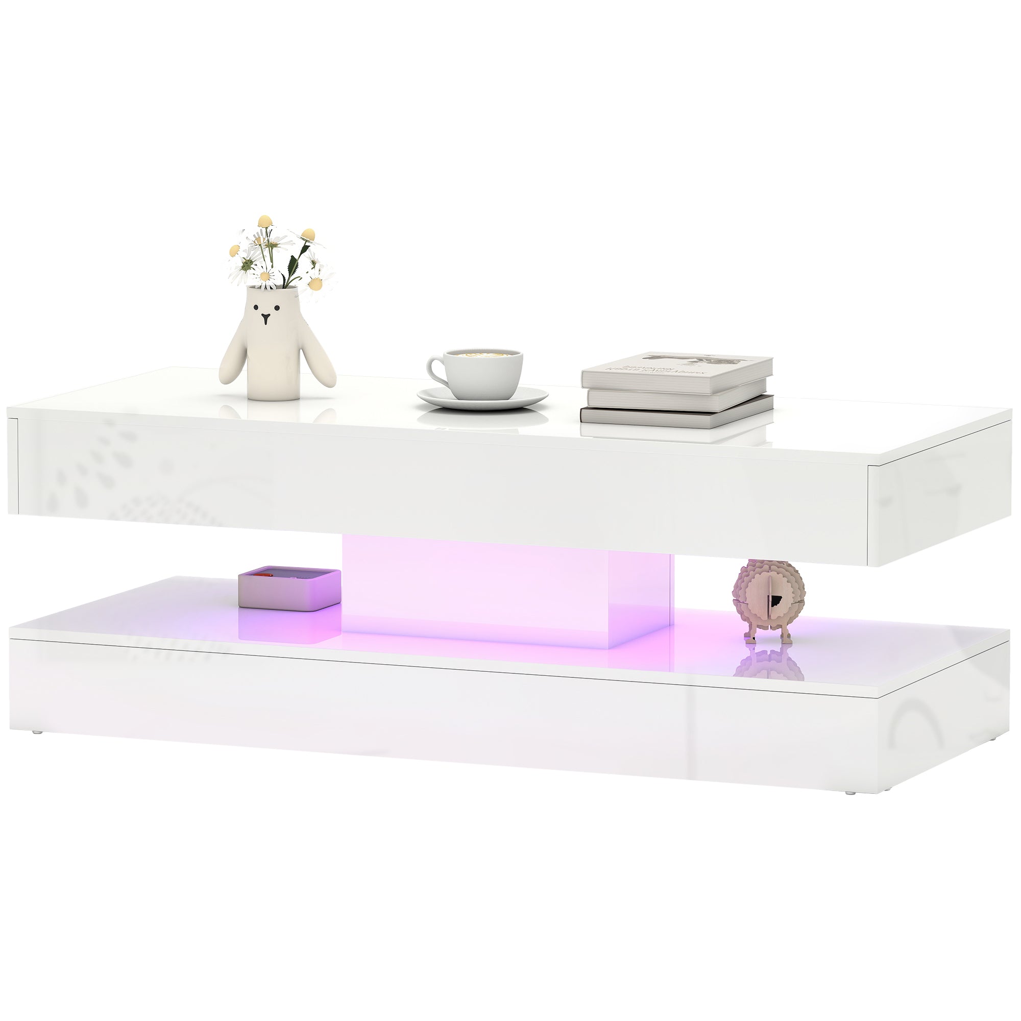 Coffee Table with Adjustable LED Lights, Modern Living Room Table with 2 Drawers, Open Shelf, Remote, High Gloss White