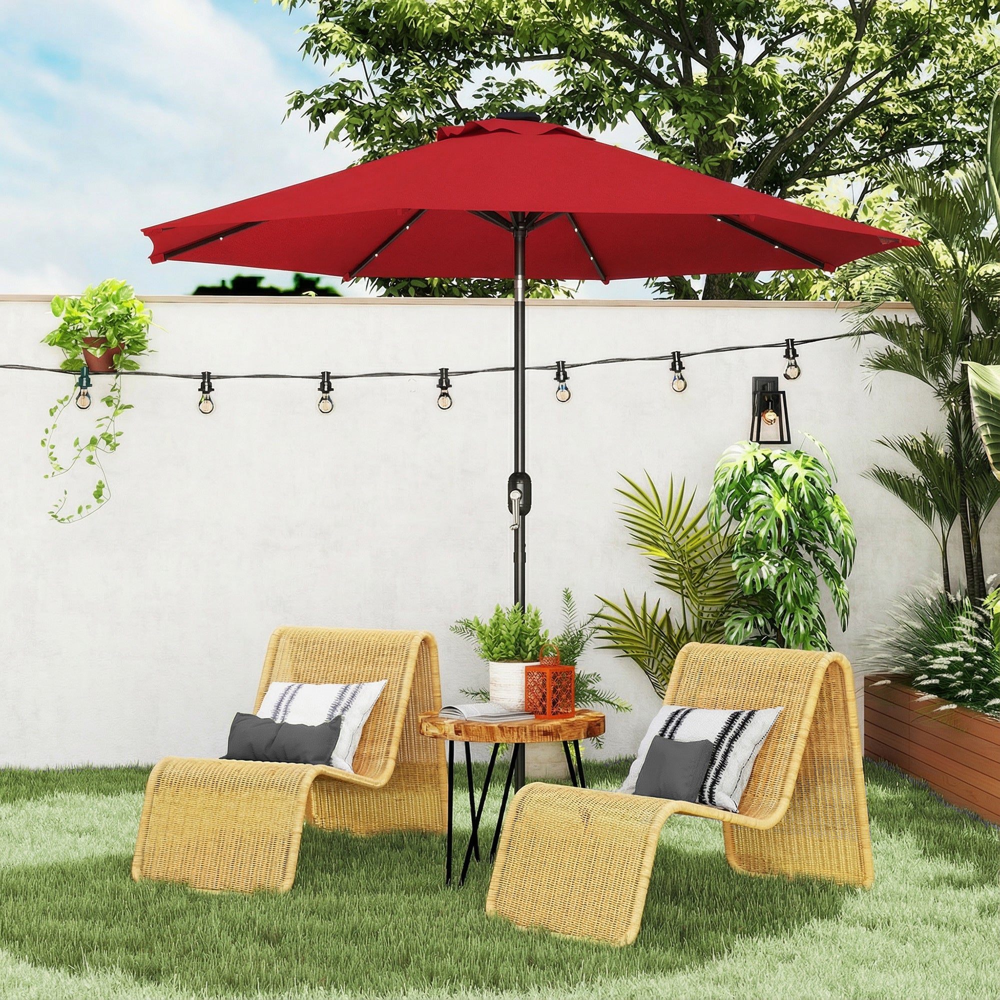 9ft Solar Patio Umbrella Outdoor Sunshade 24 LED Lights Tilt Canopy Wine Red