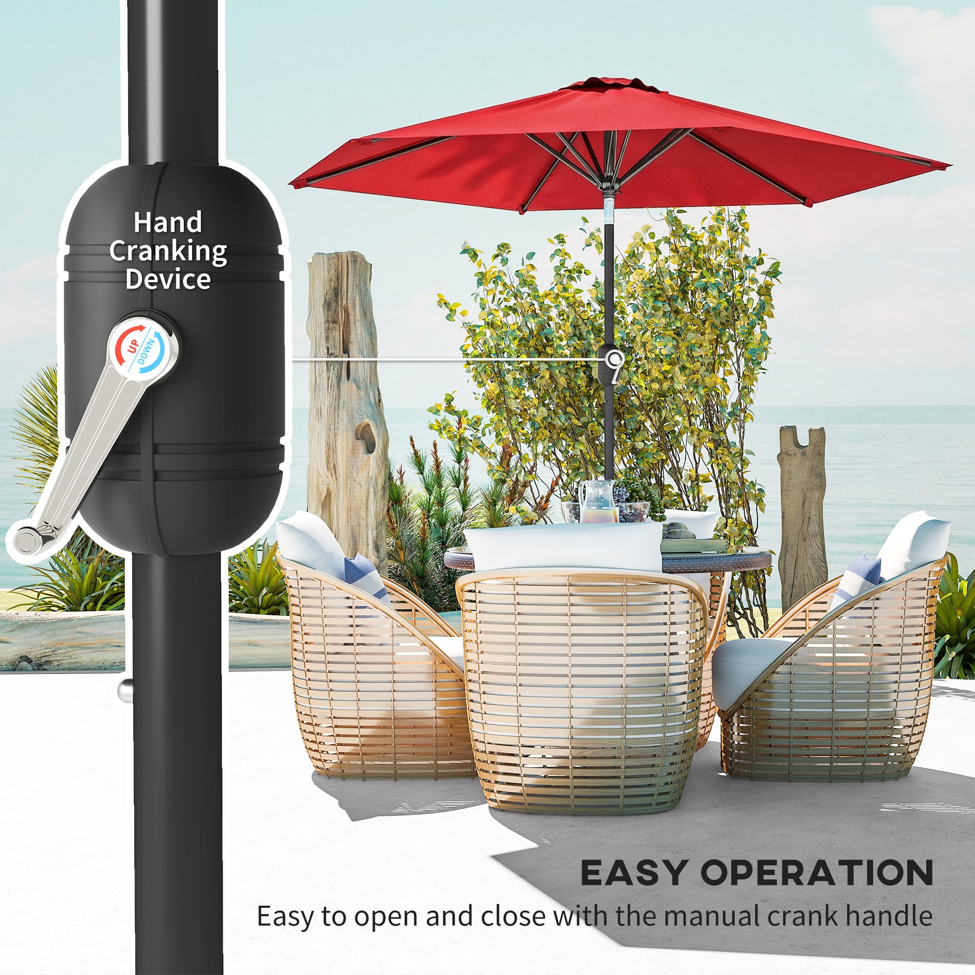 Patio Sun Umbrella, Outdoor Parasol with 6 Ribs, Wine Red