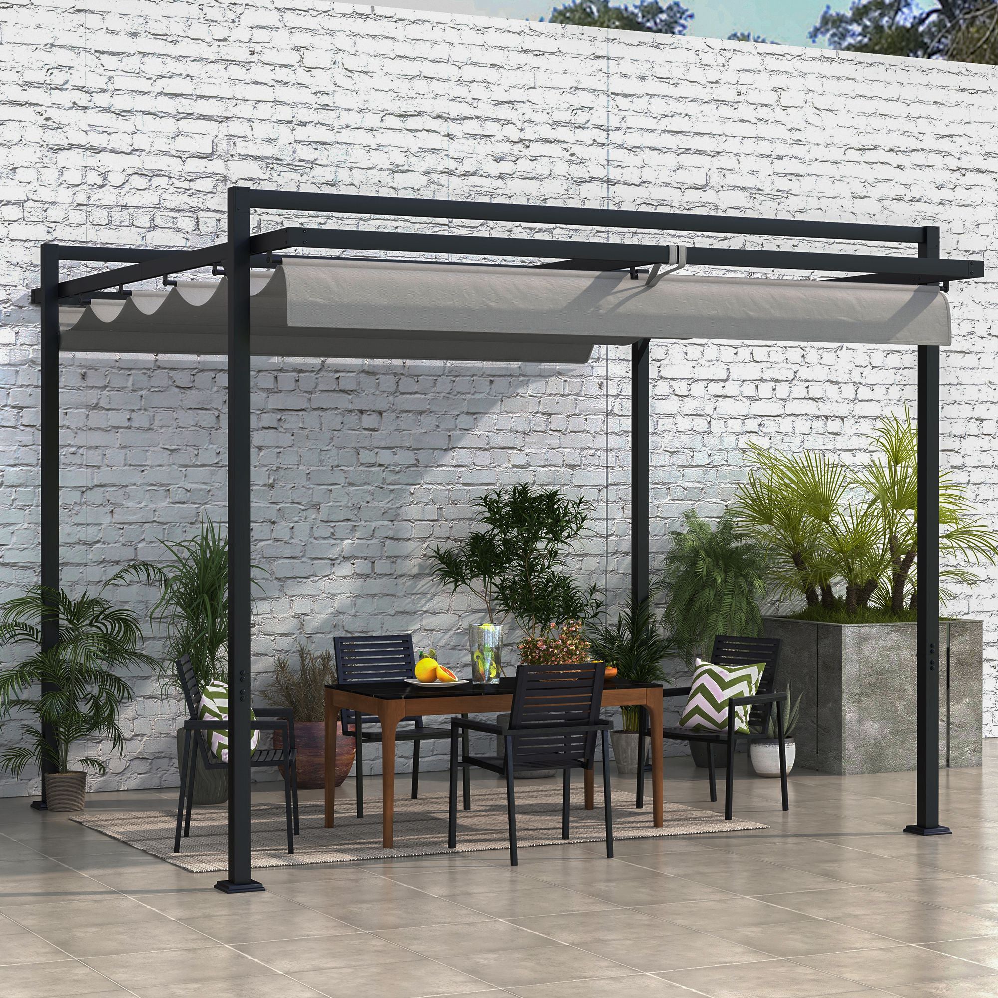 10' x 10' Retractable Pergola, Garden Gazebo Shade Shelter, for Grill, Patio, Deck, Dark Grey