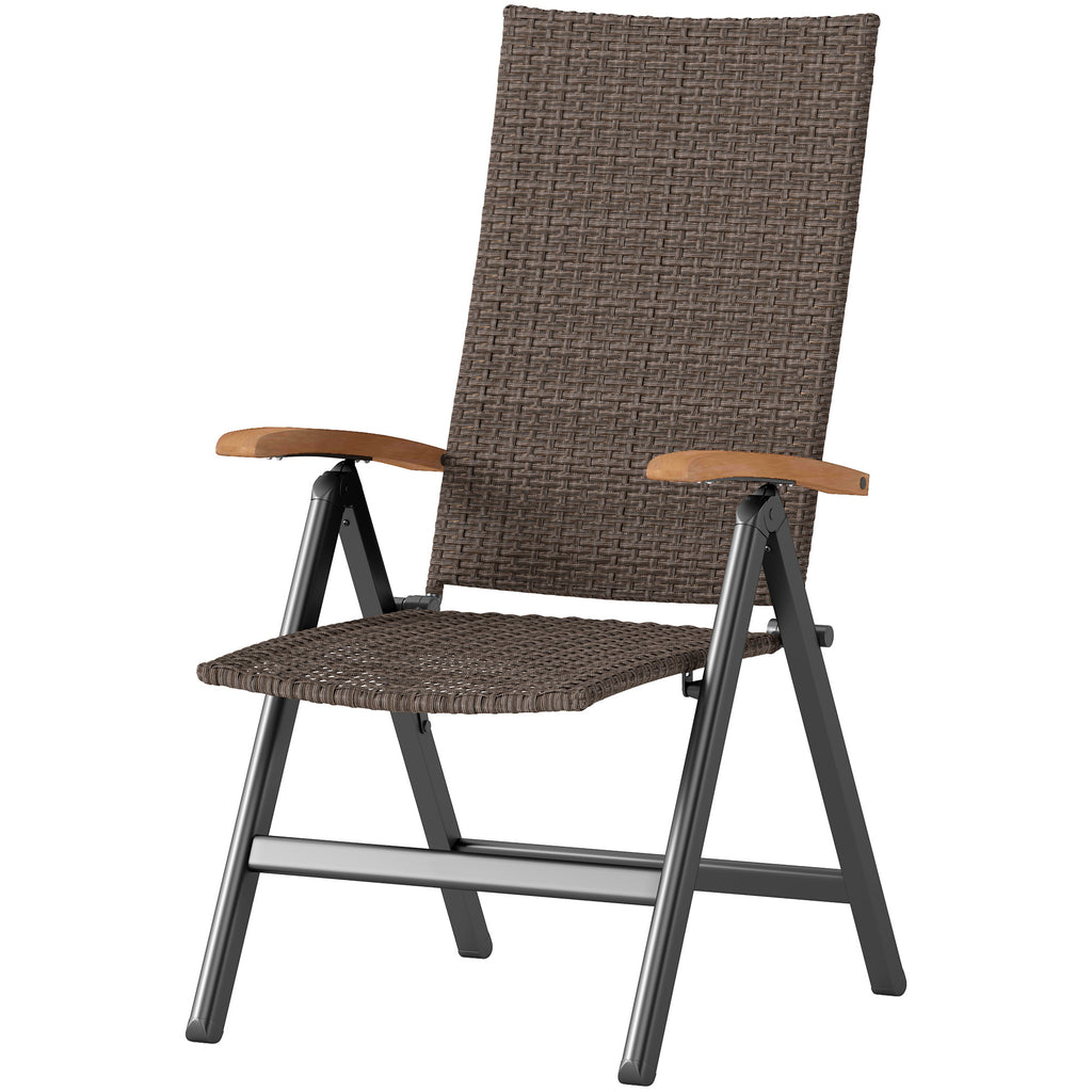 Folding Wicker Patio Dining Chair with 5-level Reclining Back, Wooden Armrests for Outdoor, Garden, Backyard, Brown