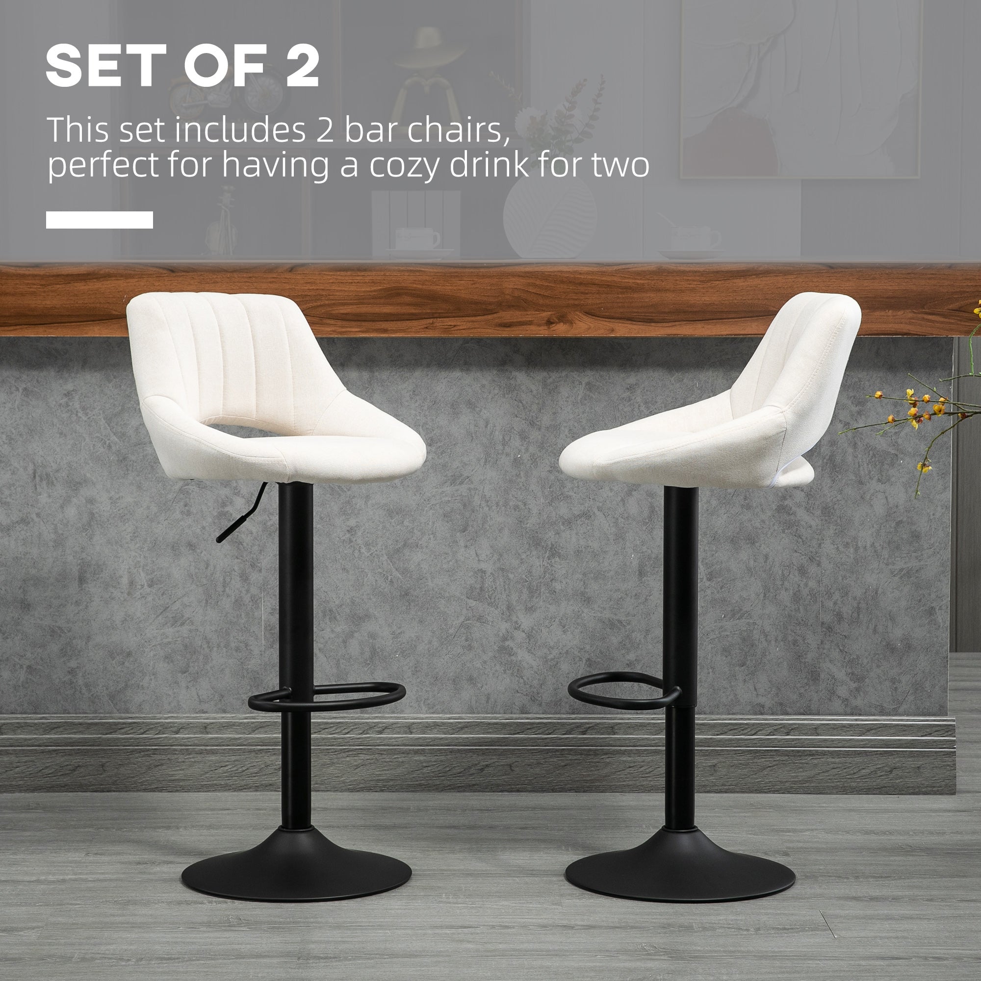 Bar Stools Set of 2, Swivel Counter Height Barstools with Adjustable Height, Linen Upholstered Bar Chairs with Round Metal Base and Footrest, Cream