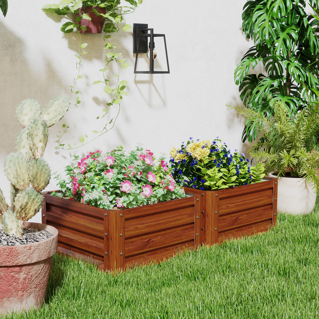 Galvanized Raised Garden Beds, Outdoor Planter Box, Set of 2, for Flowers, Herbs and Vegetables, Dark Brown Wood Effect