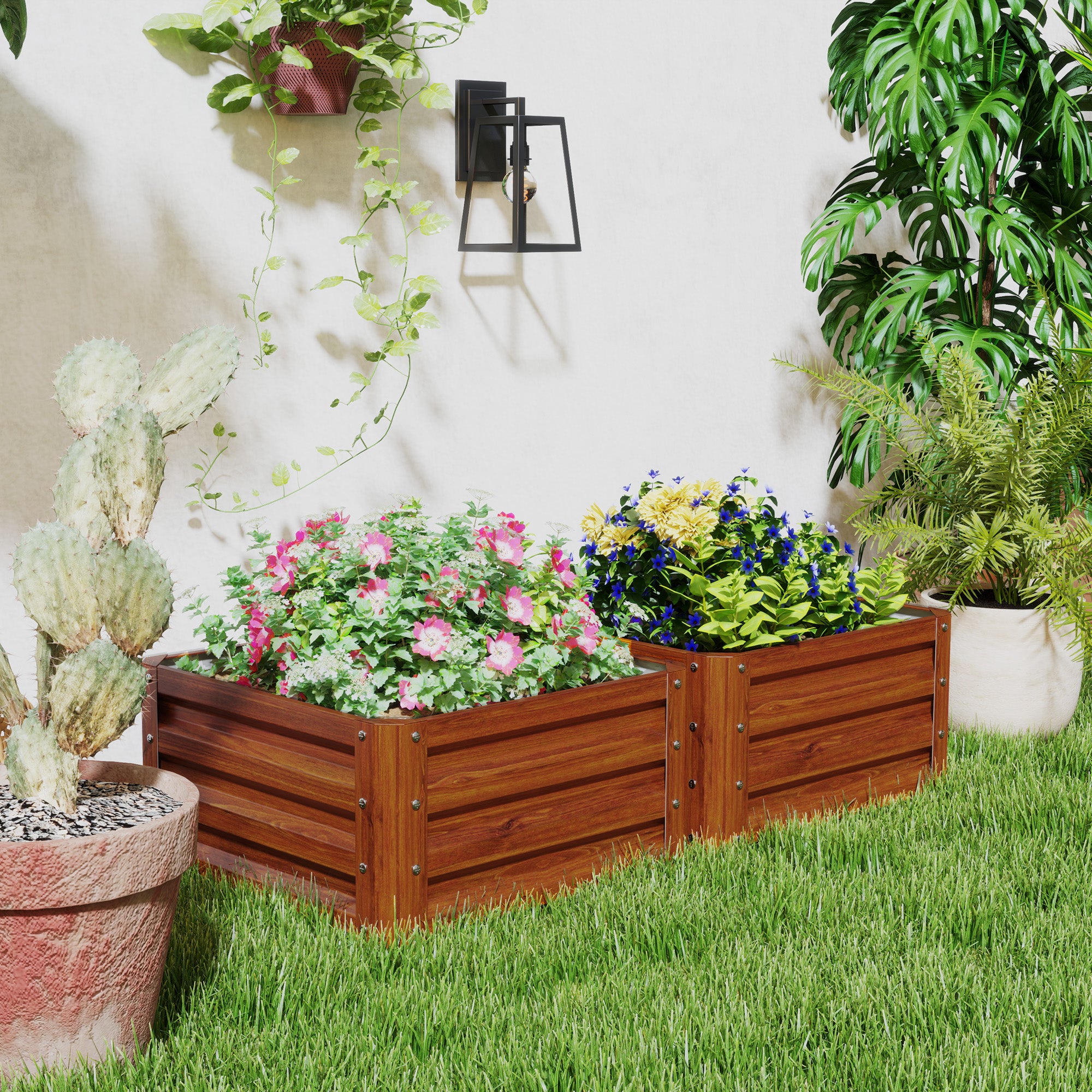 Galvanized Raised Garden Beds, Outdoor Planter Box, Set of 2, for Flowers, Herbs and Vegetables, Dark Brown Wood Effect