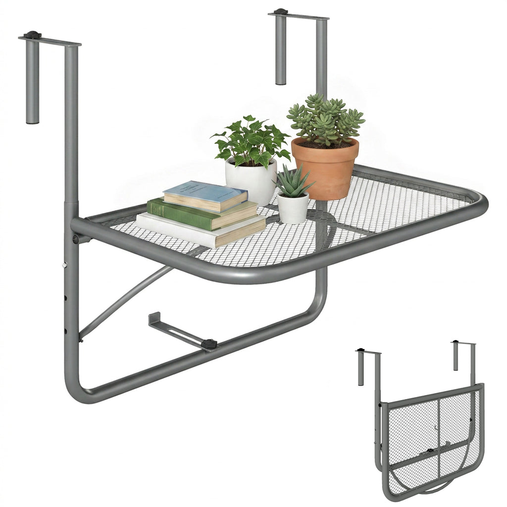 Adjustable Balcony Hanging Railing Table, Metal Mounting Mini Wall Desk Storage Rack, Outdoor Flower Stand Serving Table Rectangle, Grey