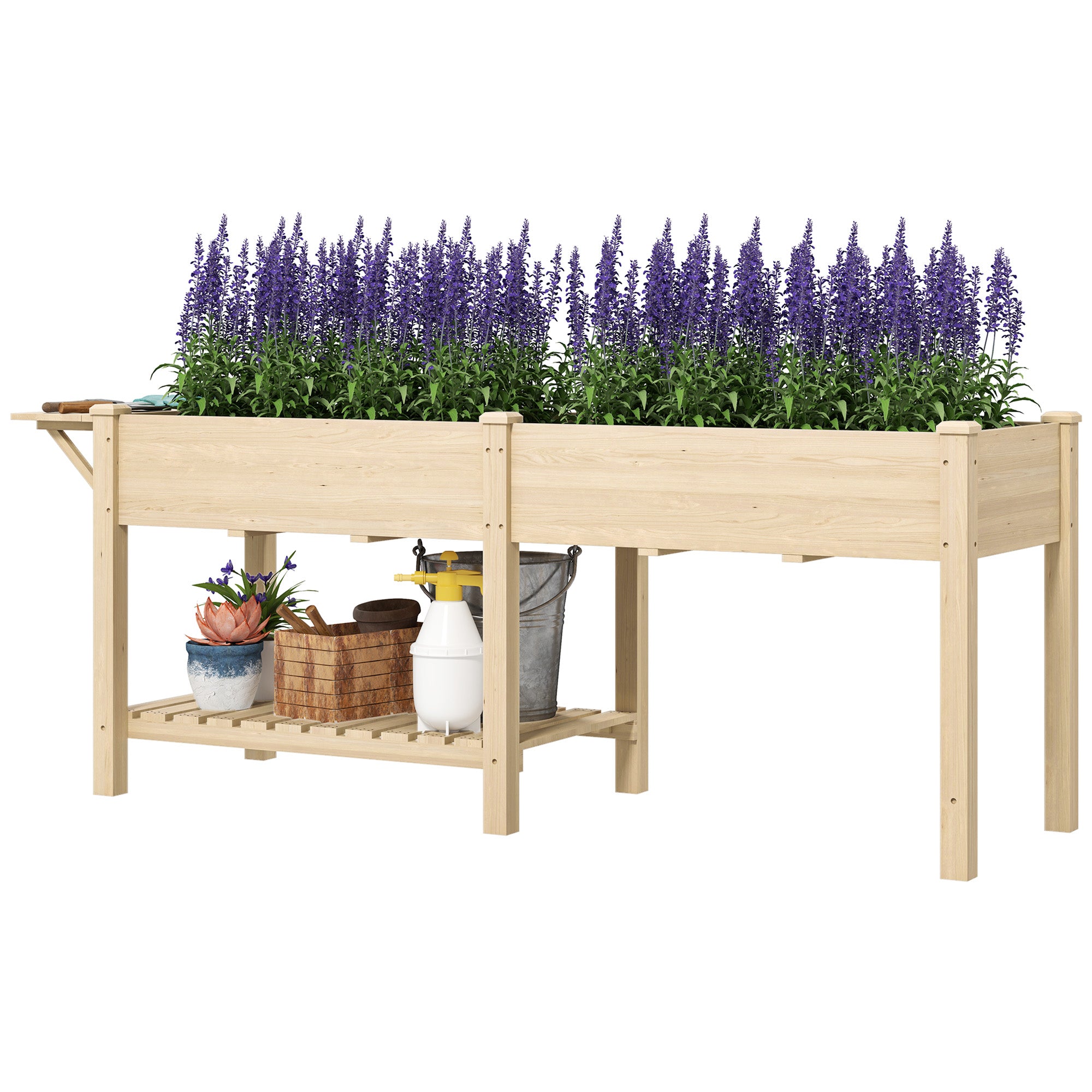 Raised Garden Bed, Wood Planter Box with Side Table, Bottom Shelf, Bed Liners and Drainage Holes, Natural