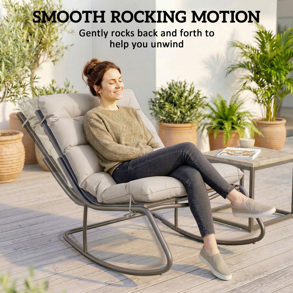 Outdoor Rocking Chair, Oversized Rocking Patio Chair with 25" Extra Wide Mesh Seat and Cushion, Khaki