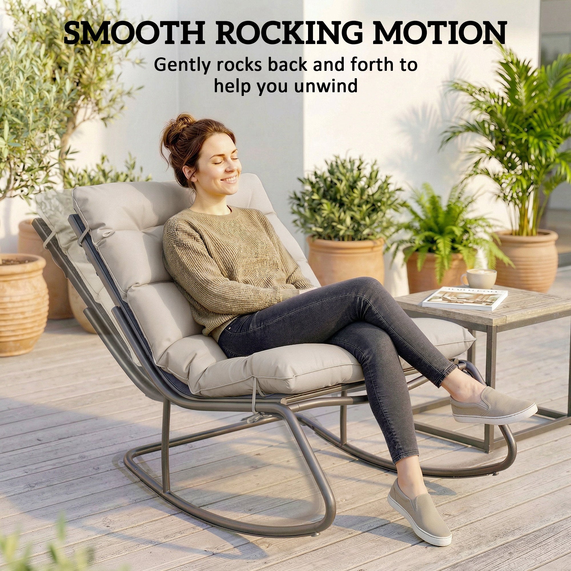 Outdoor Rocking Chair, Oversized Rocking Patio Chair with 25" Extra Wide Mesh Seat and Cushion, Khaki